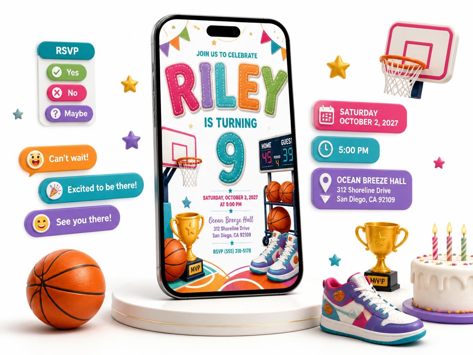 The Stitched Basketball 9th Birthday Invitation invitation on a phone, with guest RSVPs arriving around it