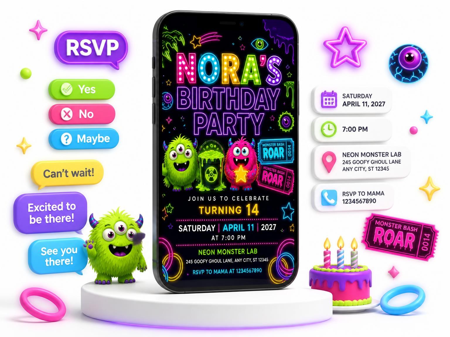 The Neon Monster 14th Birthday Invitation invitation on a phone, with guest RSVPs arriving around it