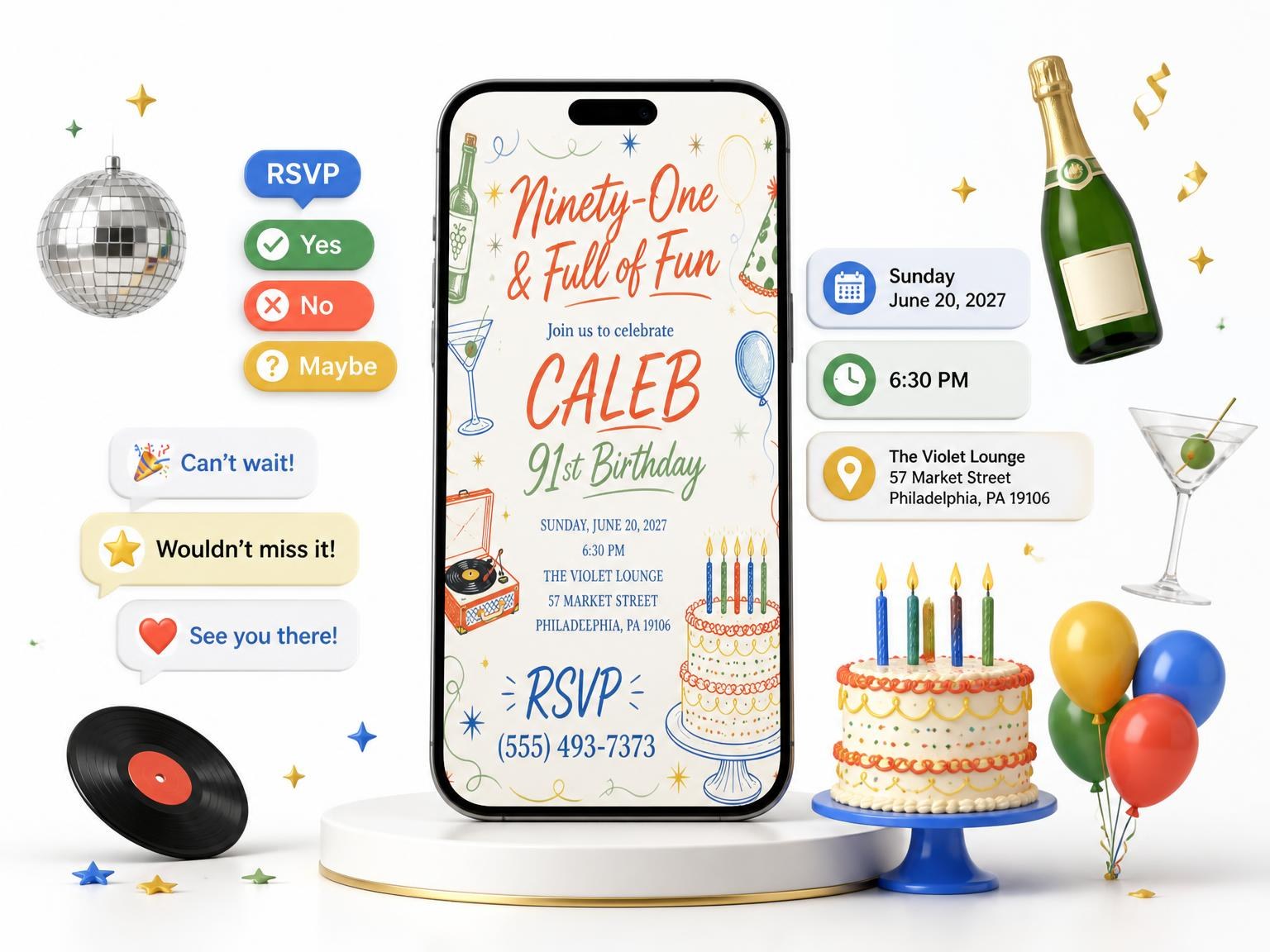 The Retro Doodle 91st Birthday Invitation invitation on a phone, with guest RSVPs arriving around it