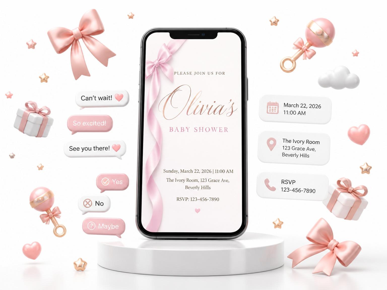 The Dusty Rose Silk Ribbon Baby Shower invitation on a phone, with guest RSVPs arriving around it