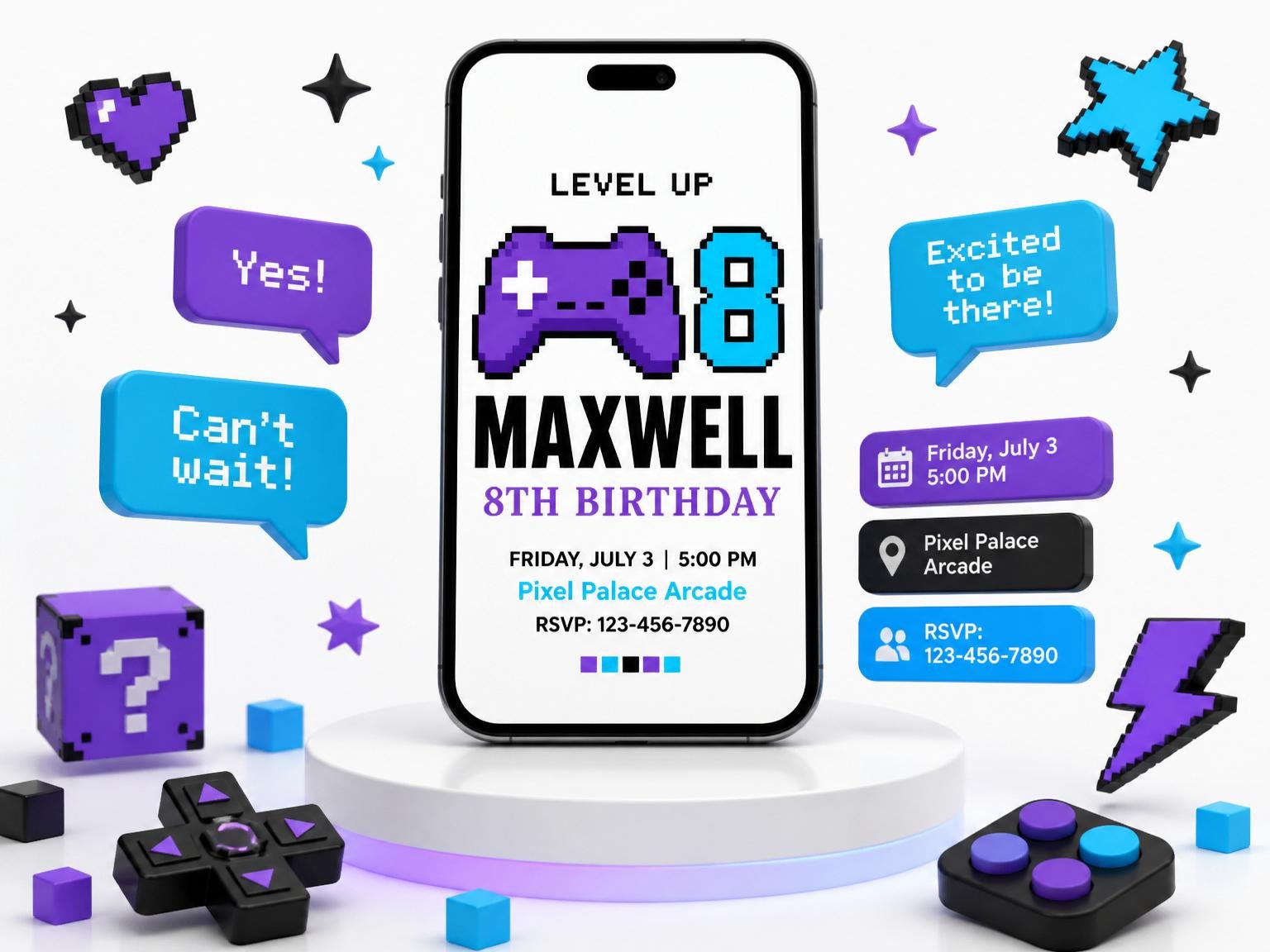 The Purple Cyan Pixel Arcade 8th Birthday invitation on a phone, with guest RSVPs arriving around it