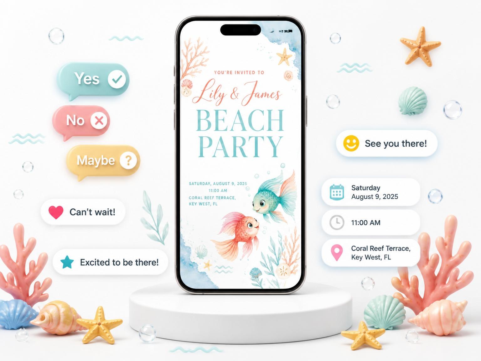 The Watercolor Fish Coral Beach Party invitation on a phone, with guest RSVPs arriving around it