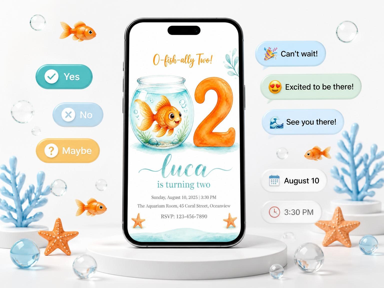 The Watercolor Goldfish 2nd Birthday Invitation invitation on a phone, with guest RSVPs arriving around it
