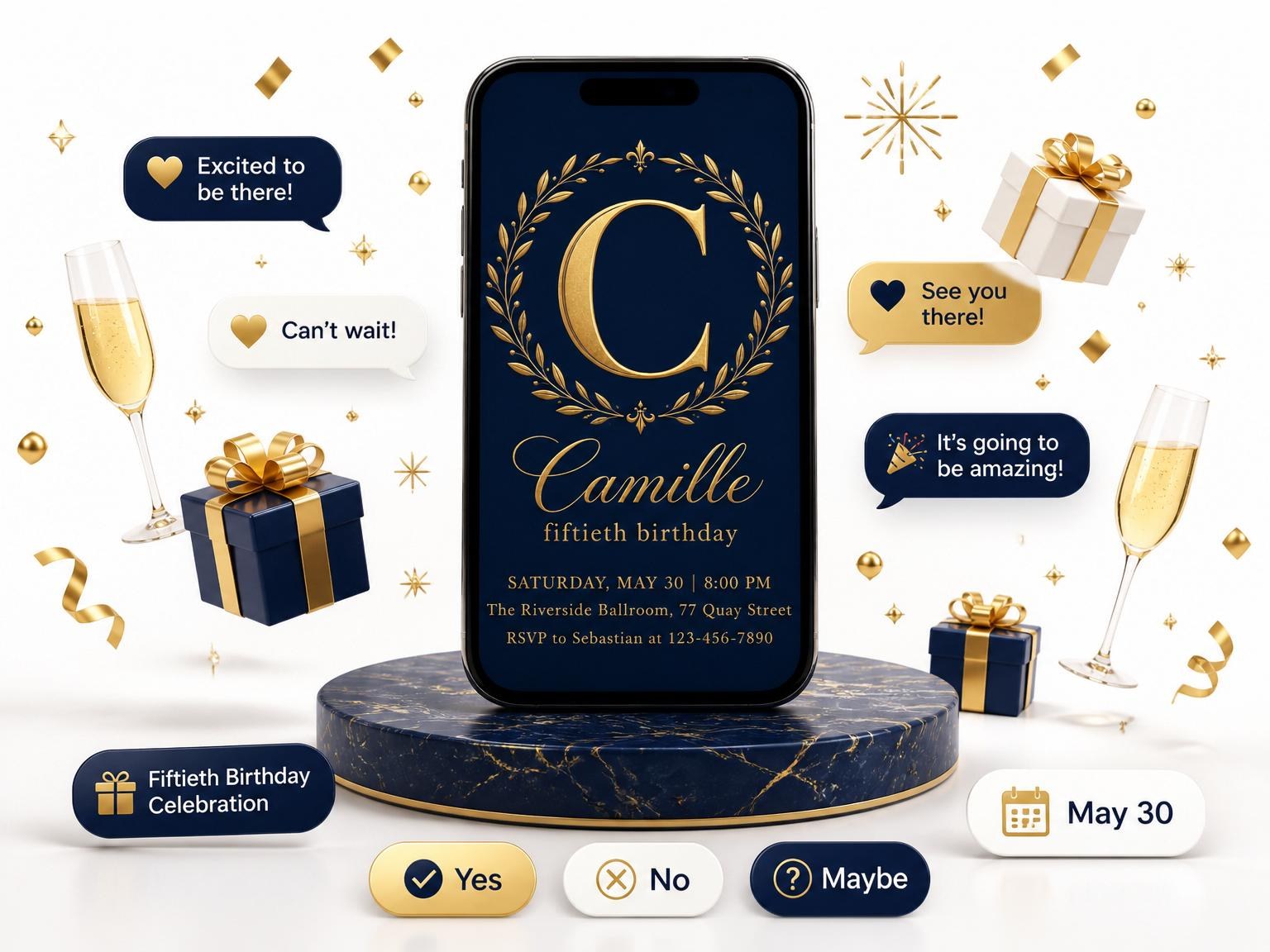 The Navy and Gold Monogram 50th Birthday invitation on a phone, with guest RSVPs arriving around it