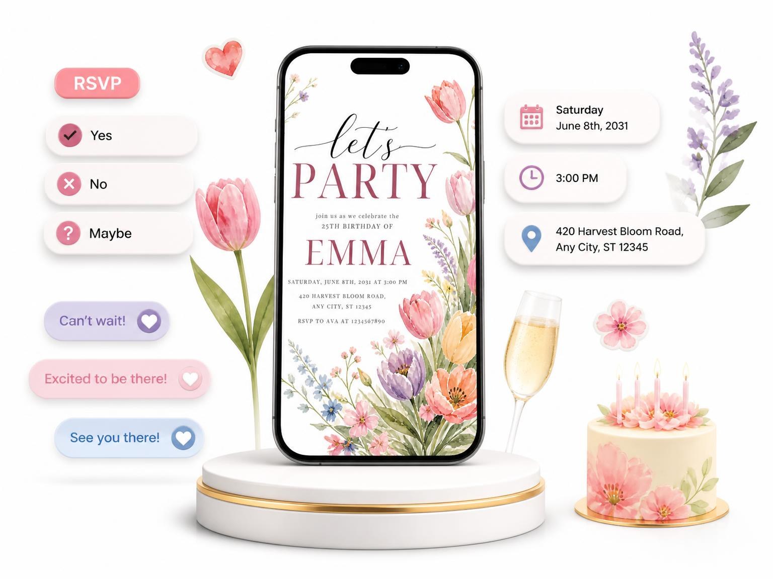 The Pastel Tulip 25th Birthday Invitation invitation on a phone, with guest RSVPs arriving around it