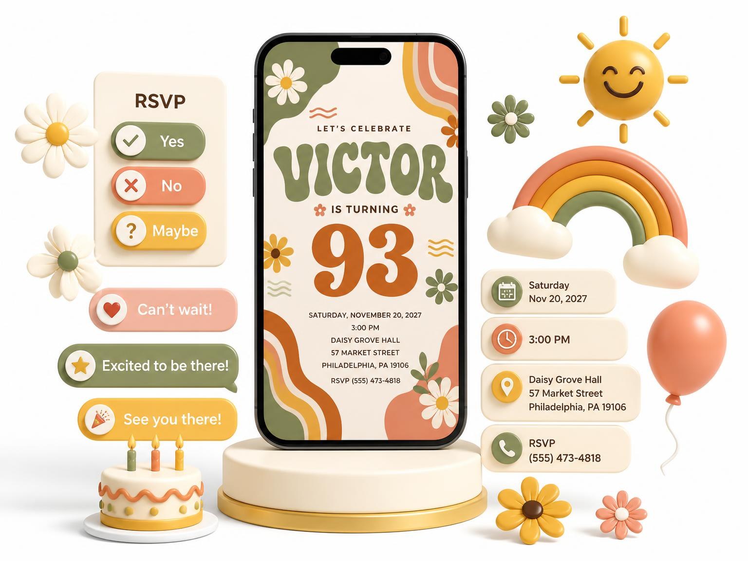 The Groovy Retro 93rd Birthday Invitation invitation on a phone, with guest RSVPs arriving around it