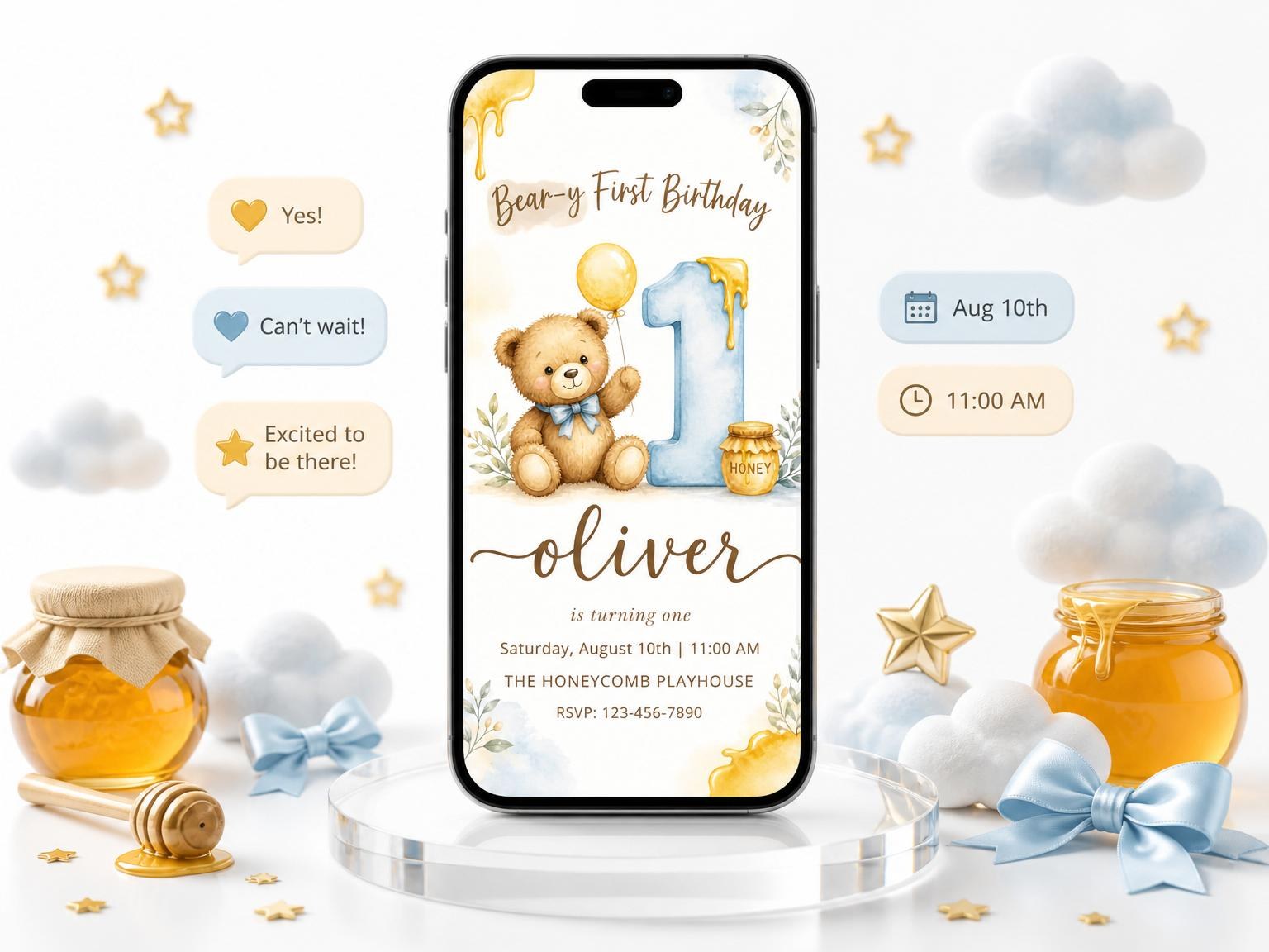 The Watercolor Teddy Bear 1st Birthday invitation on a phone, with guest RSVPs arriving around it