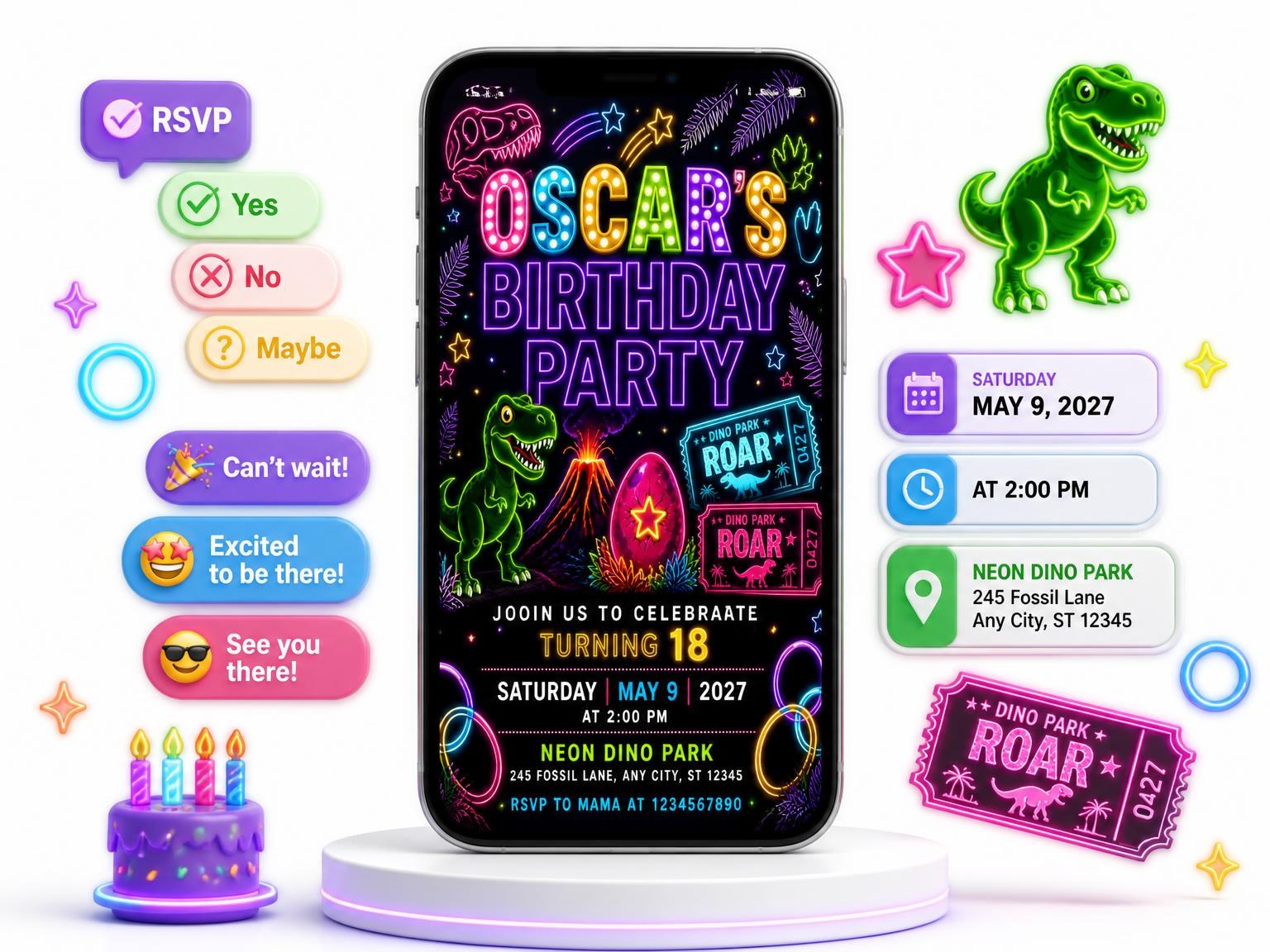The Neon Dinosaur 18th Birthday Invitation invitation on a phone, with guest RSVPs arriving around it