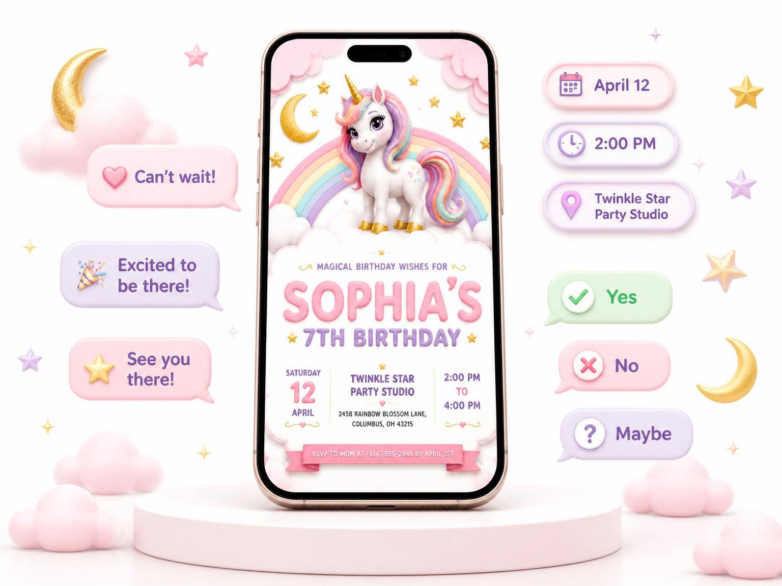 The Magical Rainbow Unicorn 7th Birthday Celebration invitation on a phone, with guest RSVPs arriving around it