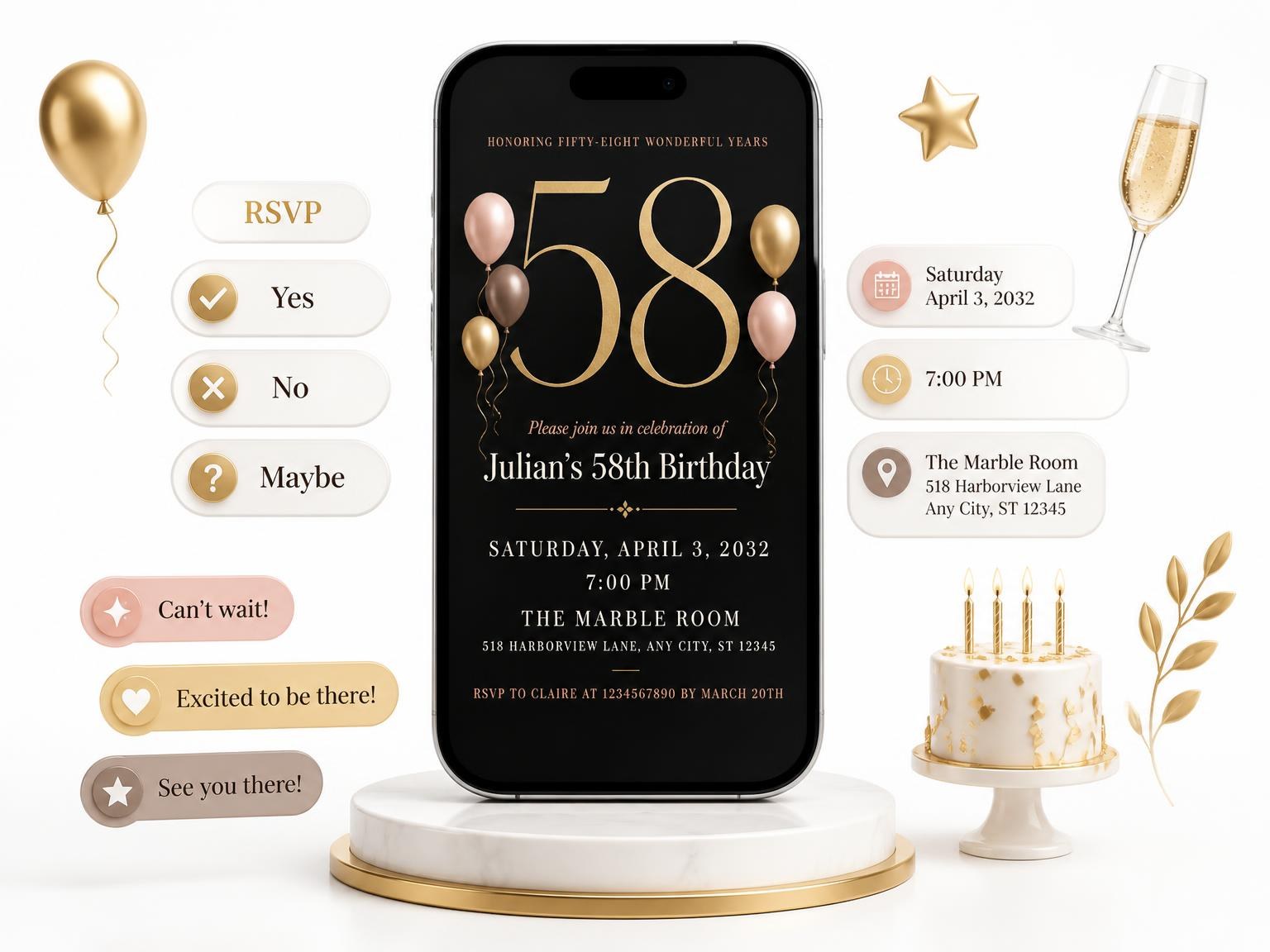 The Charcoal and Blush 58th Birthday Invitation invitation on a phone, with guest RSVPs arriving around it