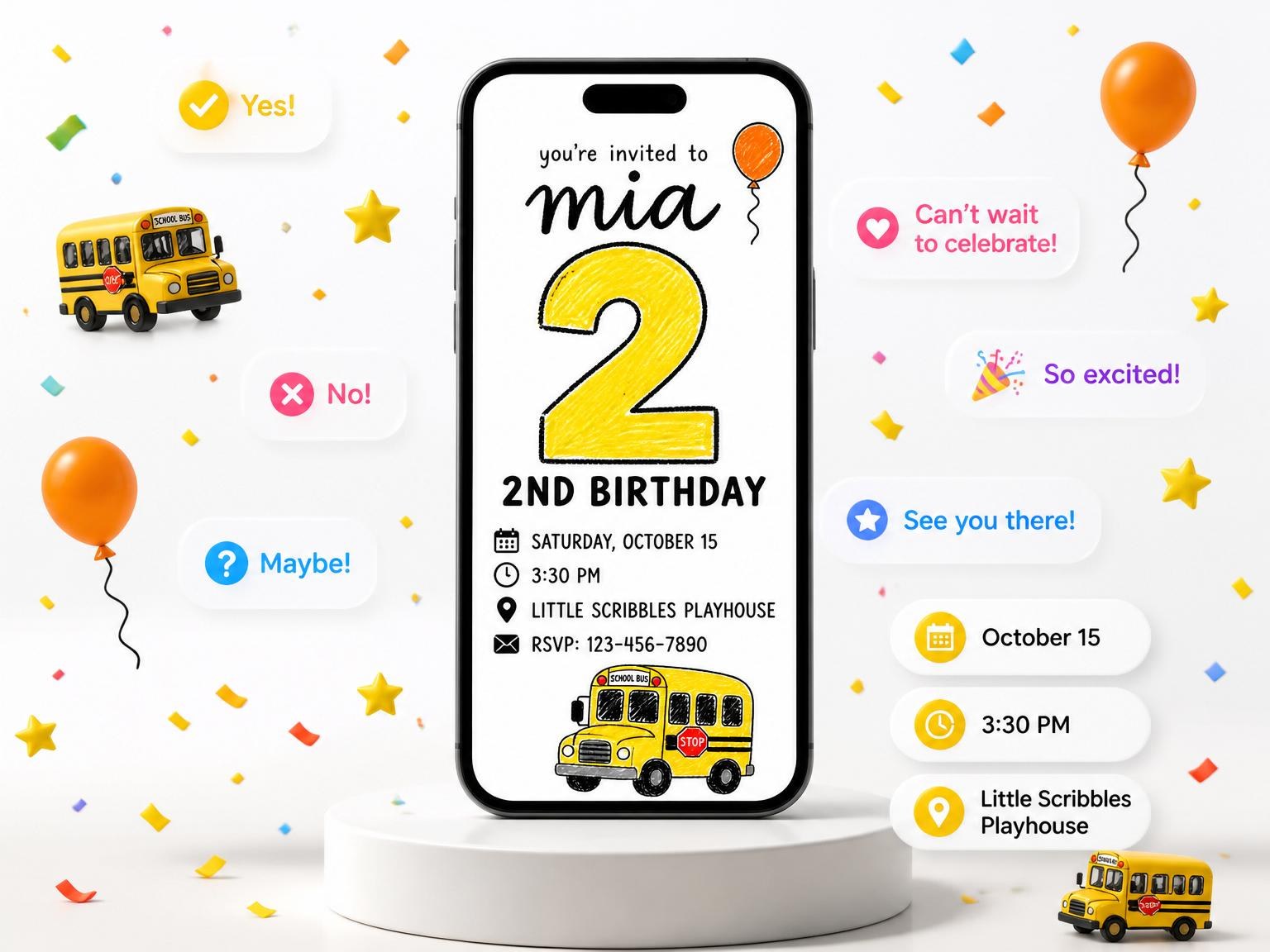 The Crayon School Bus Birthday Invitation invitation on a phone, with guest RSVPs arriving around it