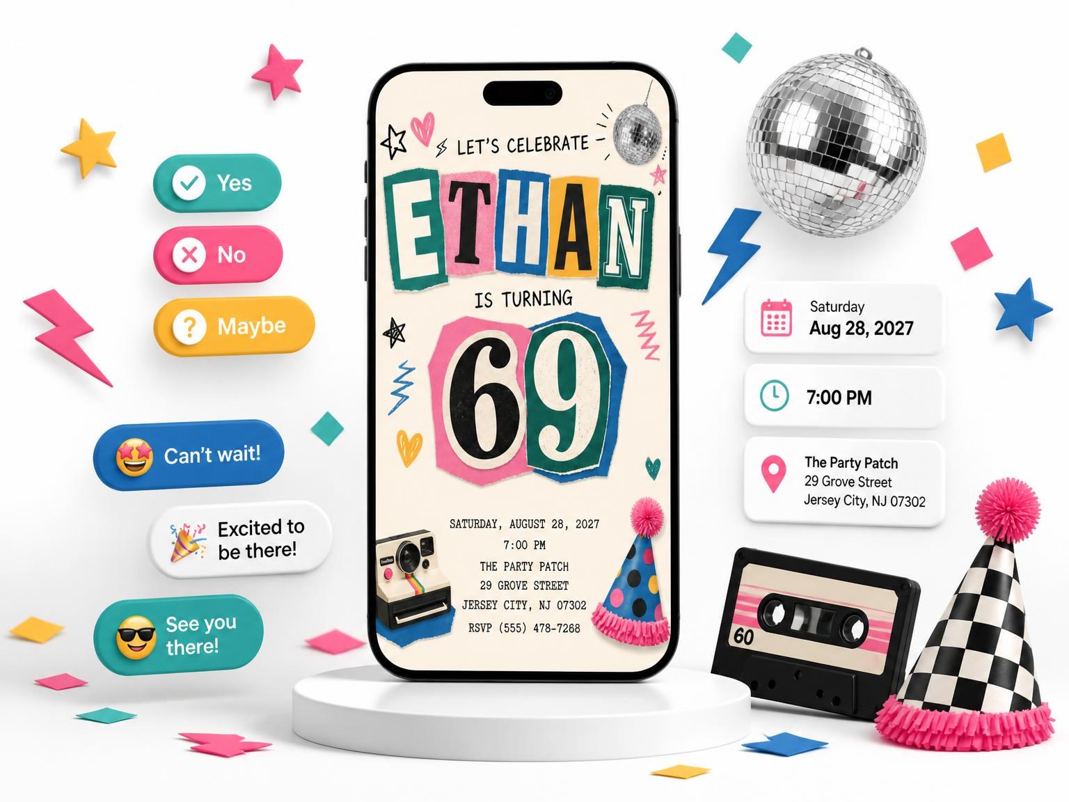 The Retro Paper Collage 69th Birthday Invitation invitation on a phone, with guest RSVPs arriving around it