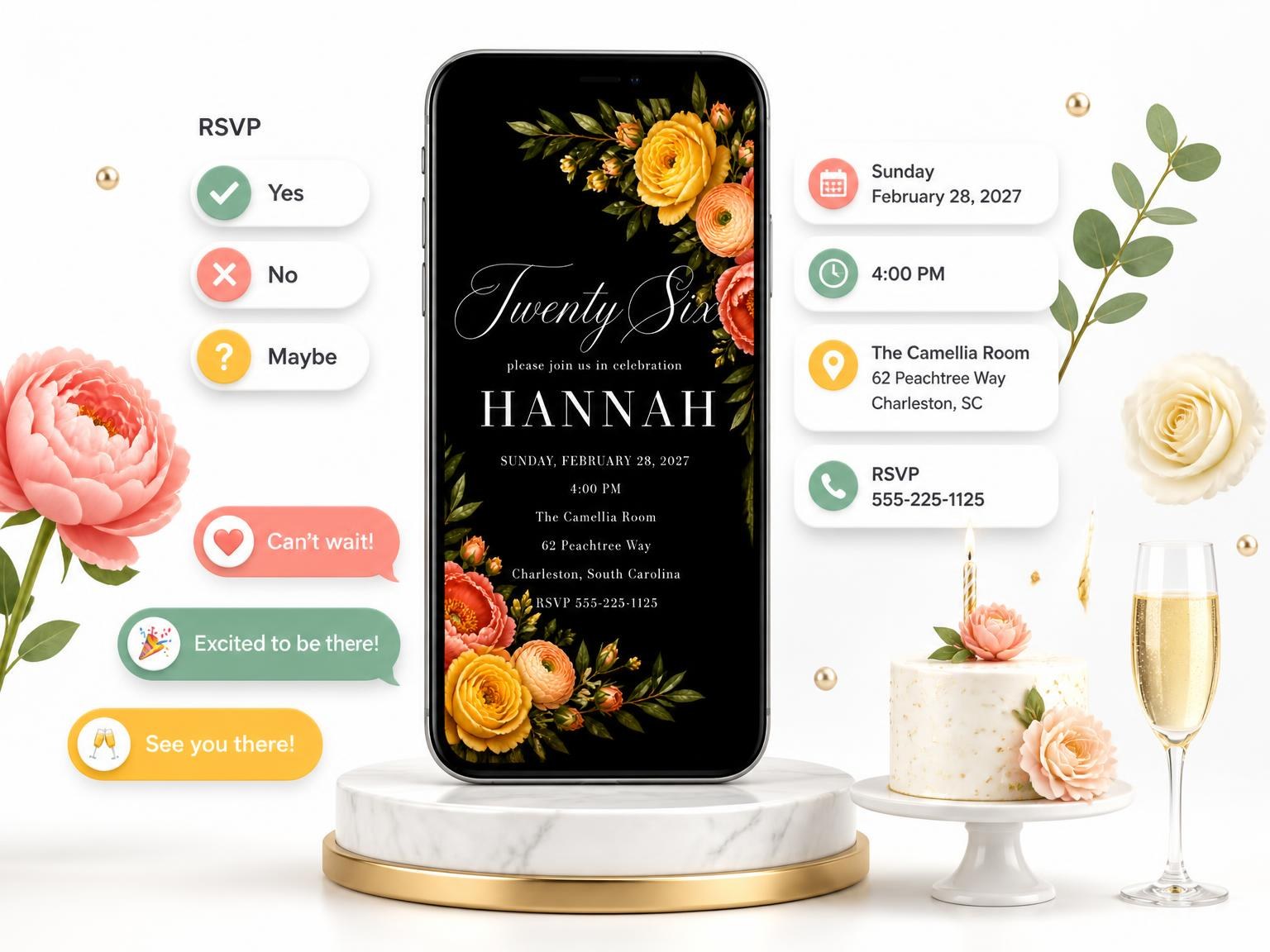 The Black Floral 26th Birthday Invitation invitation on a phone, with guest RSVPs arriving around it