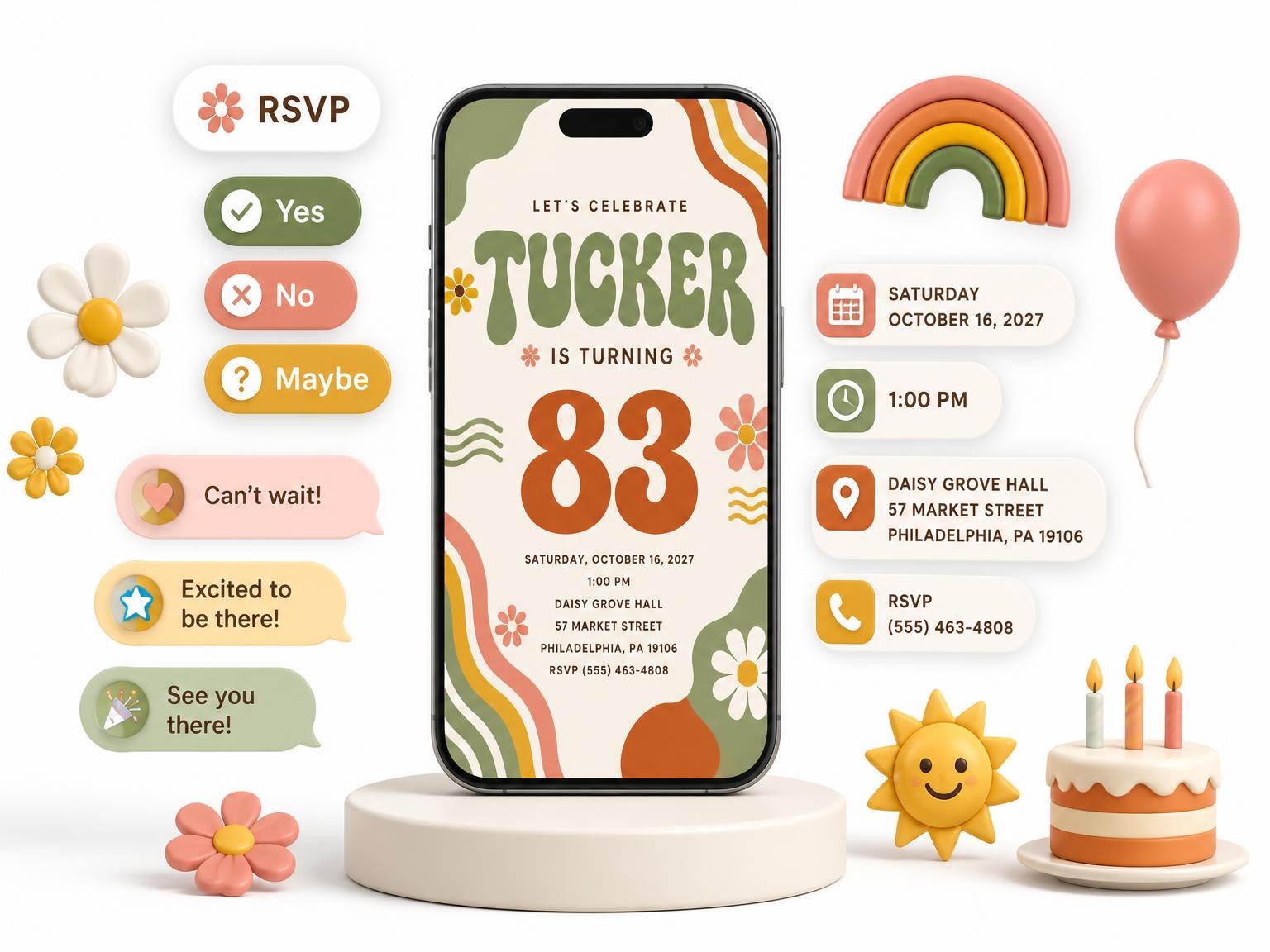 The Groovy Retro 83rd Birthday Invitation invitation on a phone, with guest RSVPs arriving around it