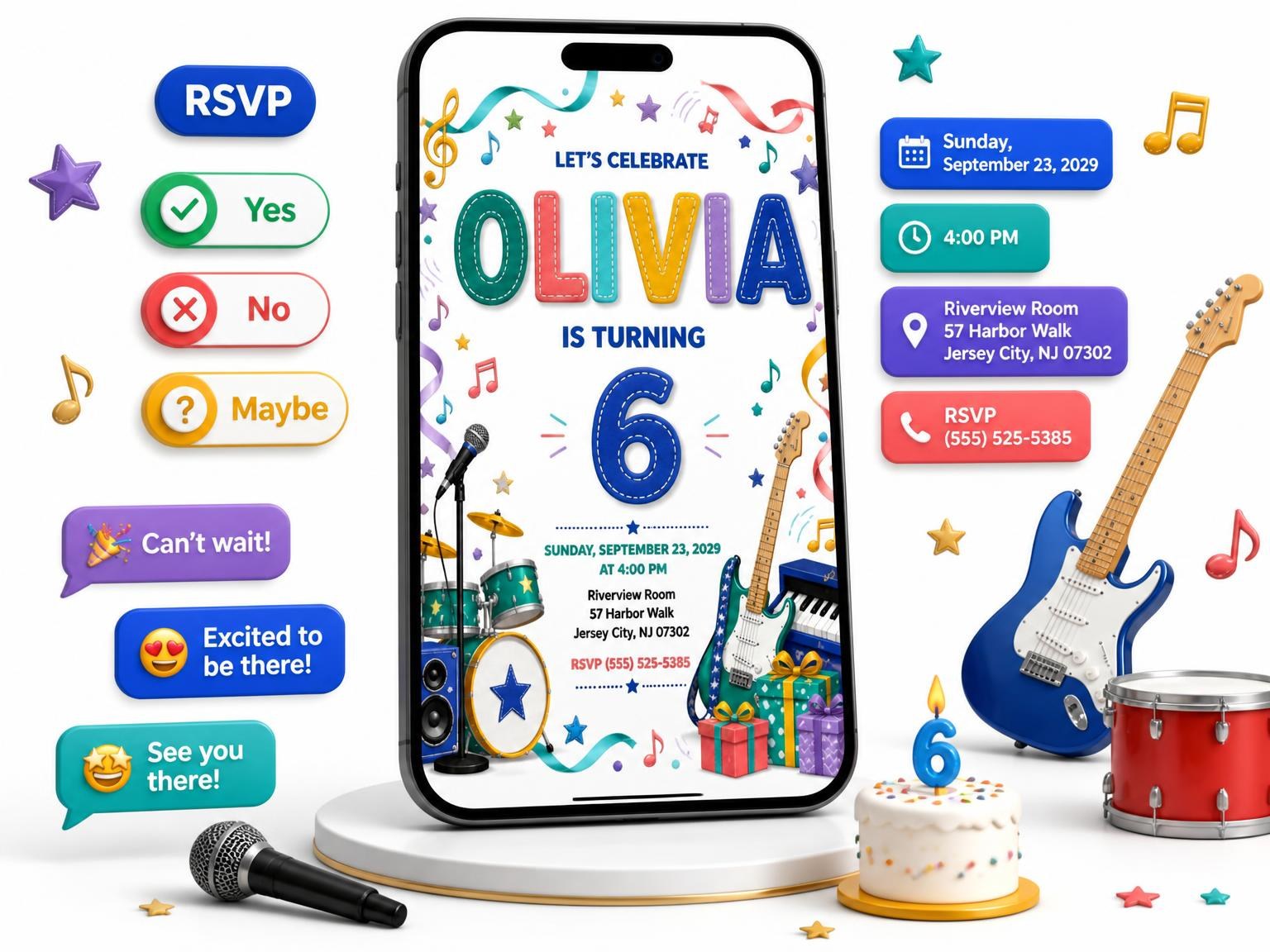 The Stitched Rock Star 6th Birthday Invitation invitation on a phone, with guest RSVPs arriving around it