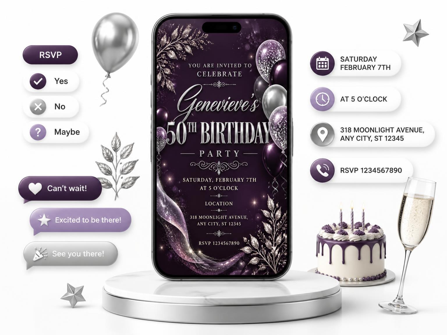 The Plum and Silver 50th Birthday Invitation invitation on a phone, with guest RSVPs arriving around it