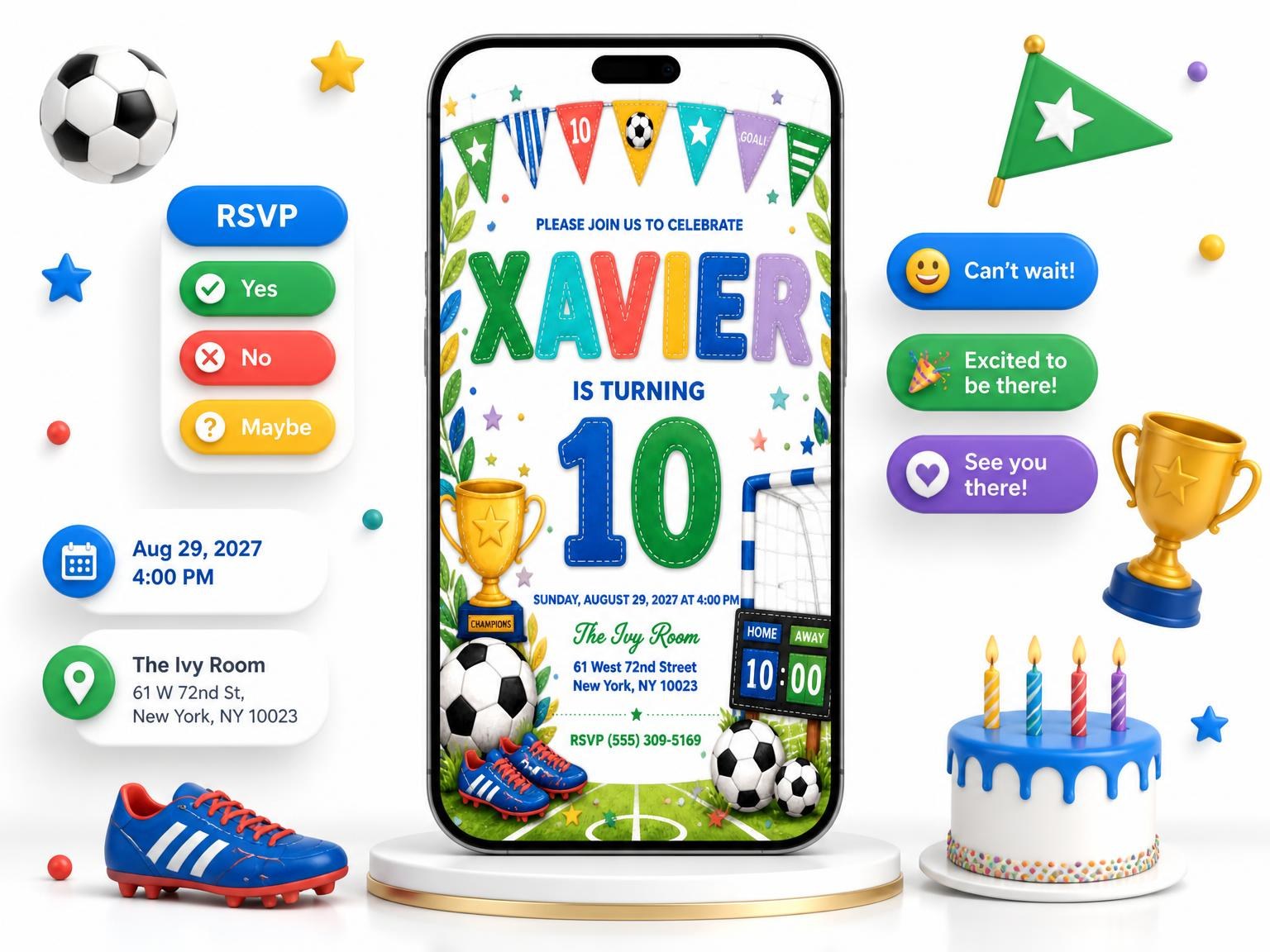 The Stitched Soccer 10th Birthday Invitation invitation on a phone, with guest RSVPs arriving around it