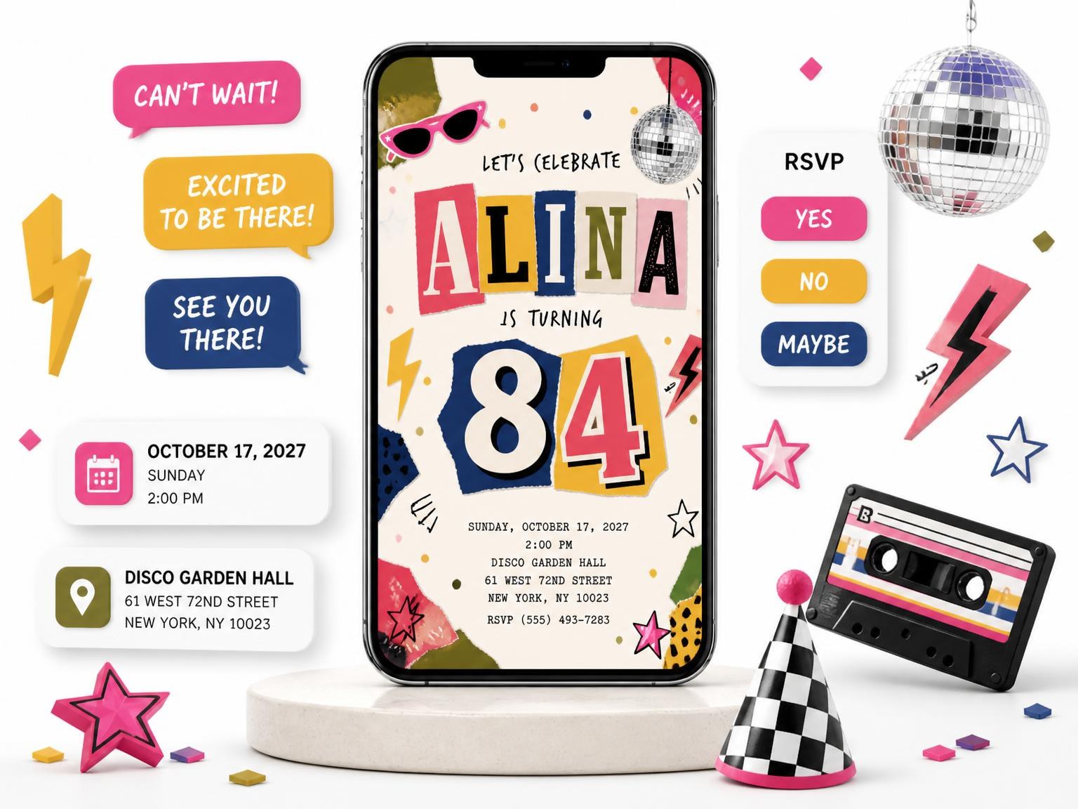 The Retro Paper Collage 84th Birthday Invitation invitation on a phone, with guest RSVPs arriving around it