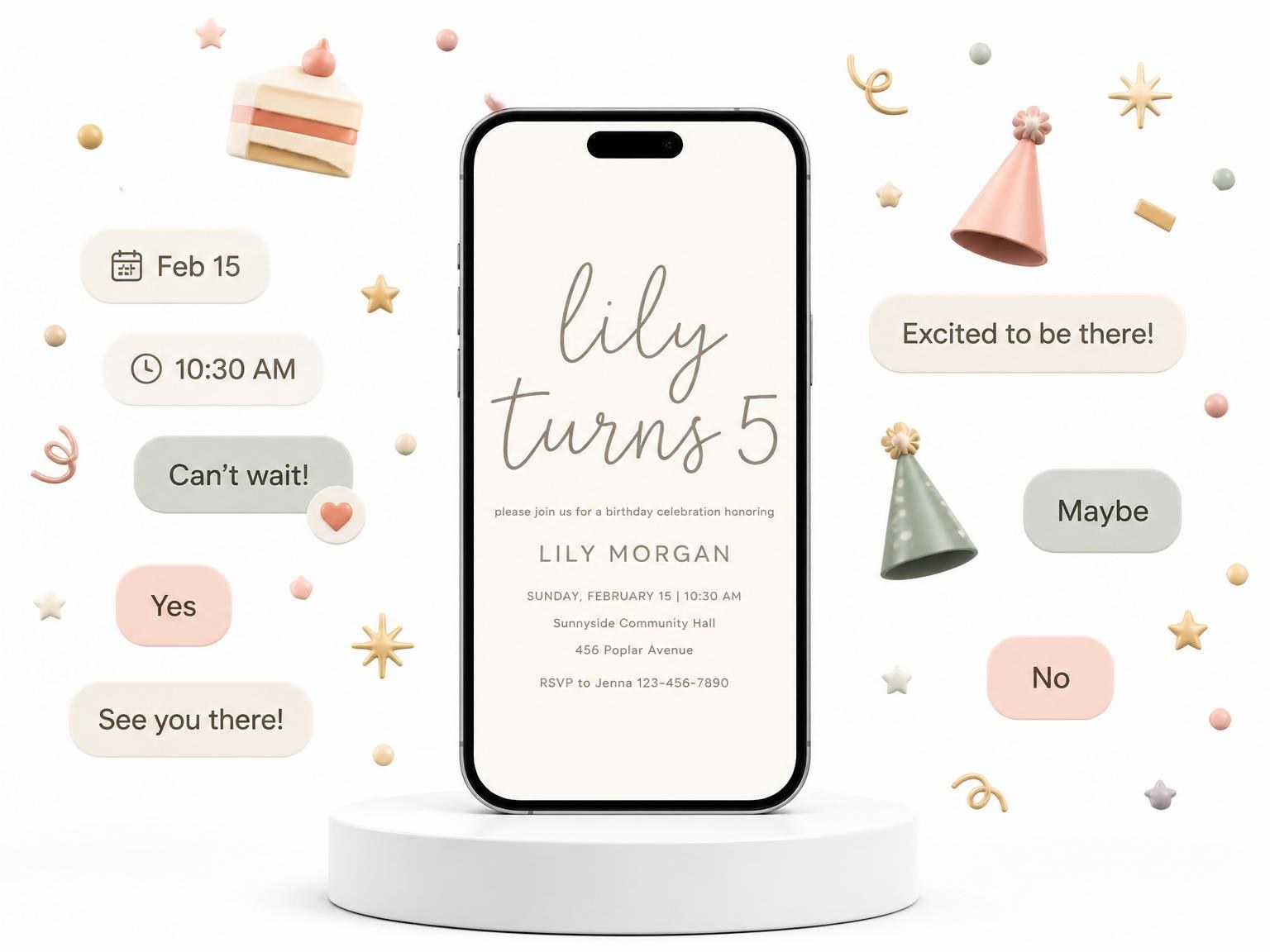 The Minimalist Taupe Hand-Lettered 5th Birthday Invitation invitation on a phone, with guest RSVPs arriving around it