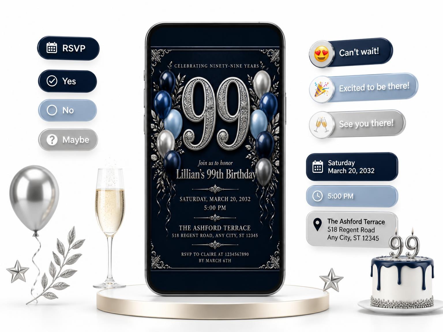 The Navy and Silver 99th Birthday Invitation invitation on a phone, with guest RSVPs arriving around it