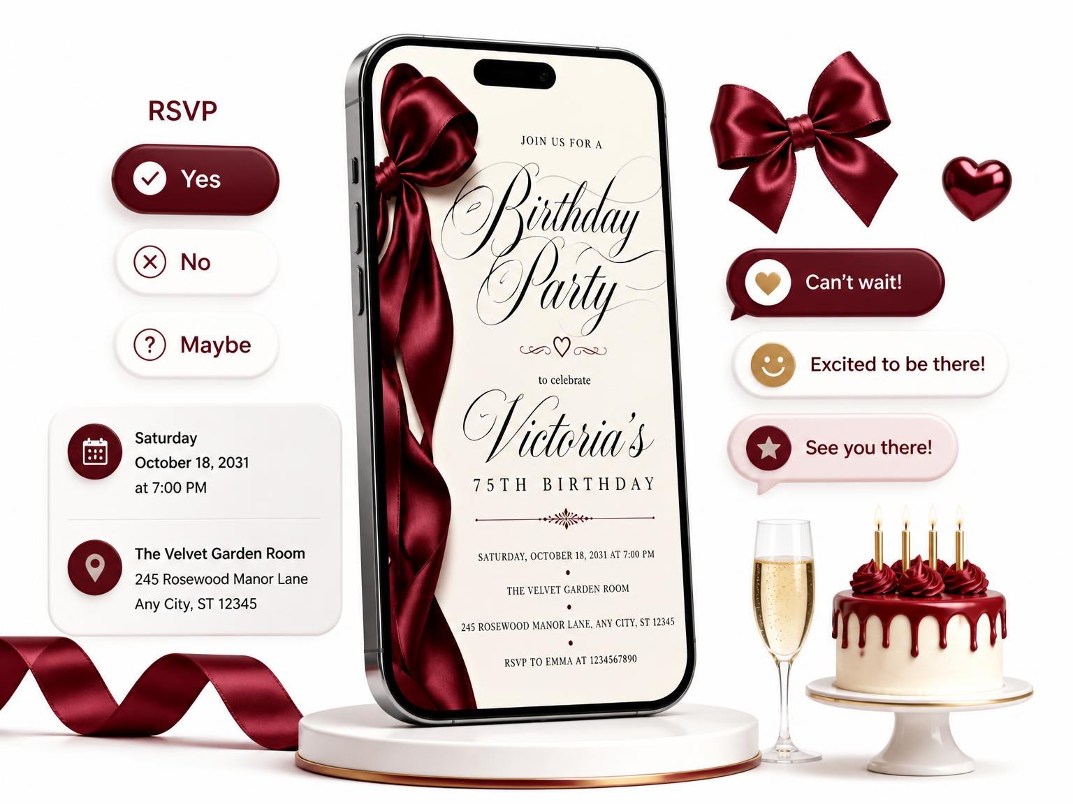 The Burgundy Satin Bow 75th Birthday Invitation invitation on a phone, with guest RSVPs arriving around it