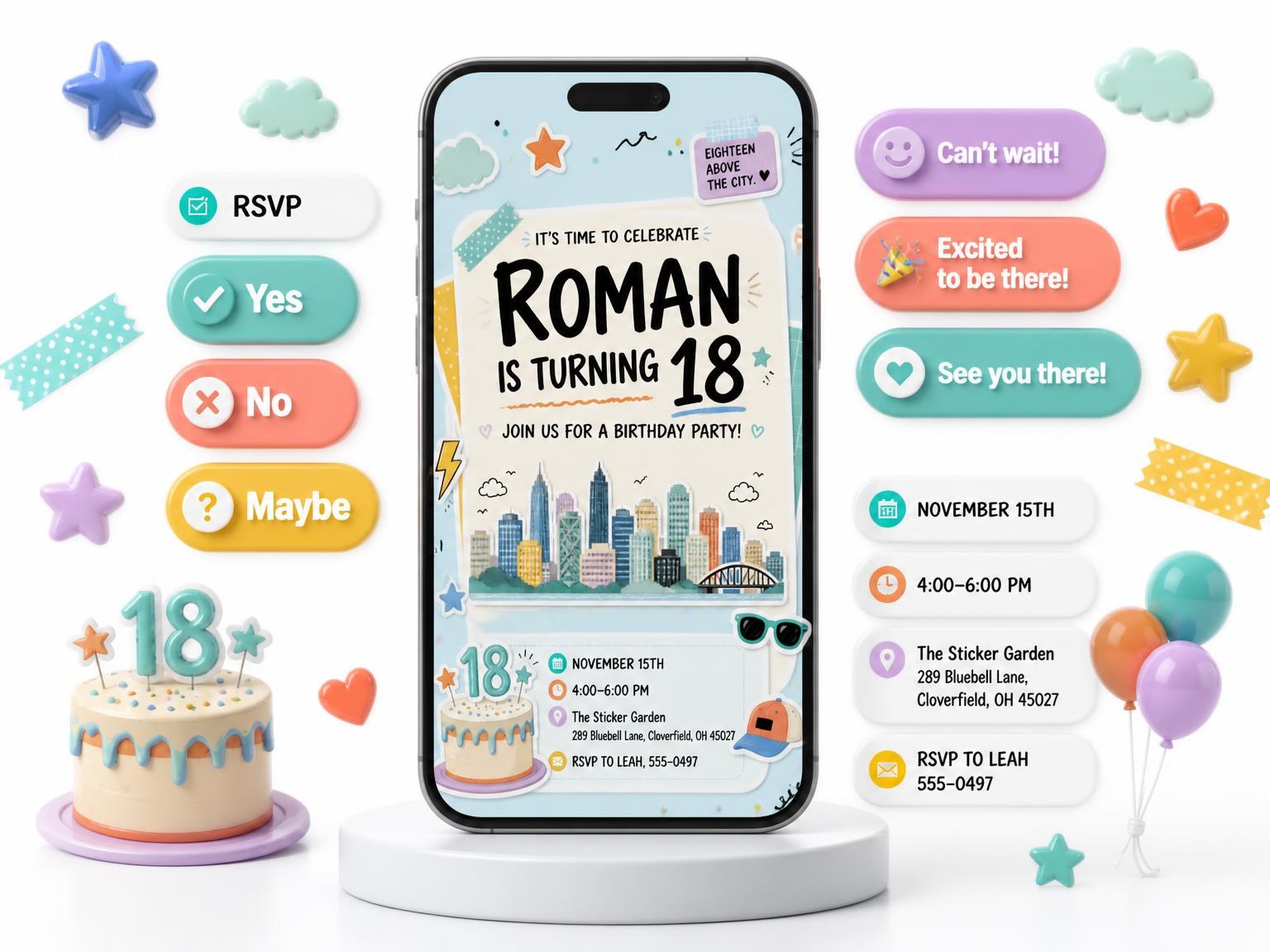 The City Skyline Pastel 18th Birthday Invitation invitation on a phone, with guest RSVPs arriving around it