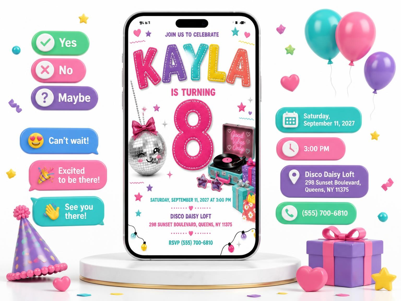 The Stitched Disco Ball 8th Birthday Invitation invitation on a phone, with guest RSVPs arriving around it