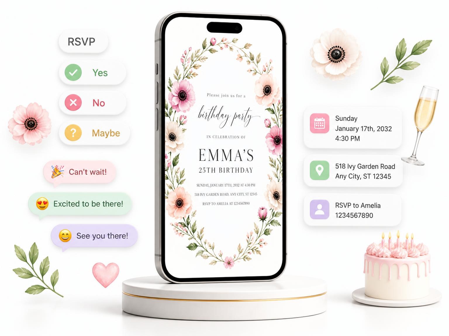 The Floral Wreath Blush 25th Birthday Invitation invitation on a phone, with guest RSVPs arriving around it