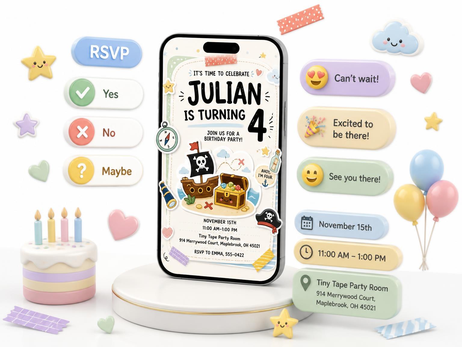 The Treasure Chest Pastel 4th Birthday Invitation invitation on a phone, with guest RSVPs arriving around it