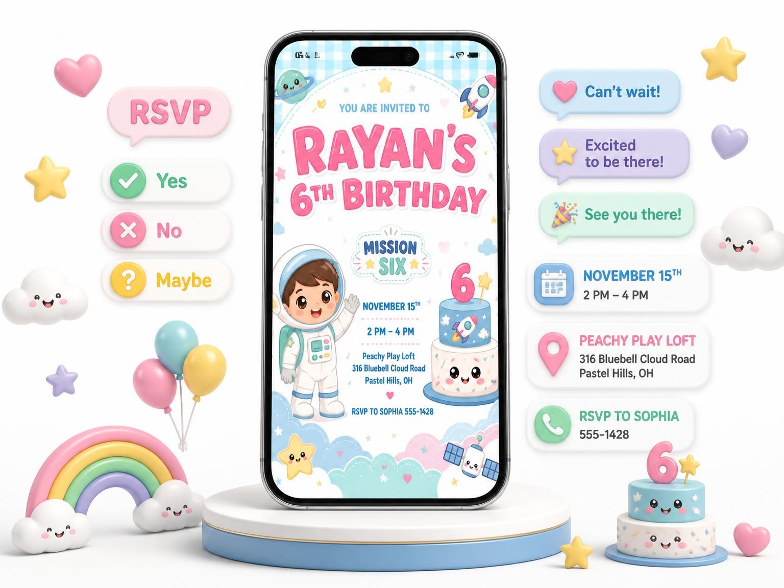 The Planet Kawaii Pastel 6th Birthday Invitation invitation on a phone, with guest RSVPs arriving around it