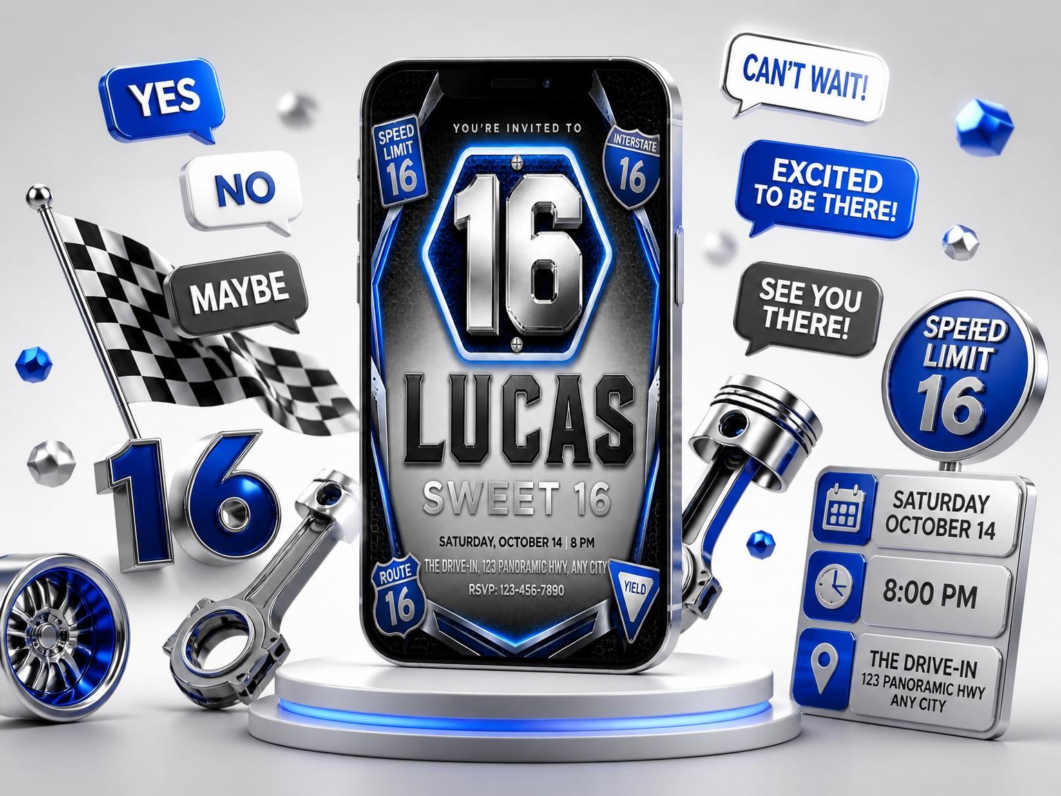 The Chrome Road Sign Sweet 16 invitation on a phone, with guest RSVPs arriving around it