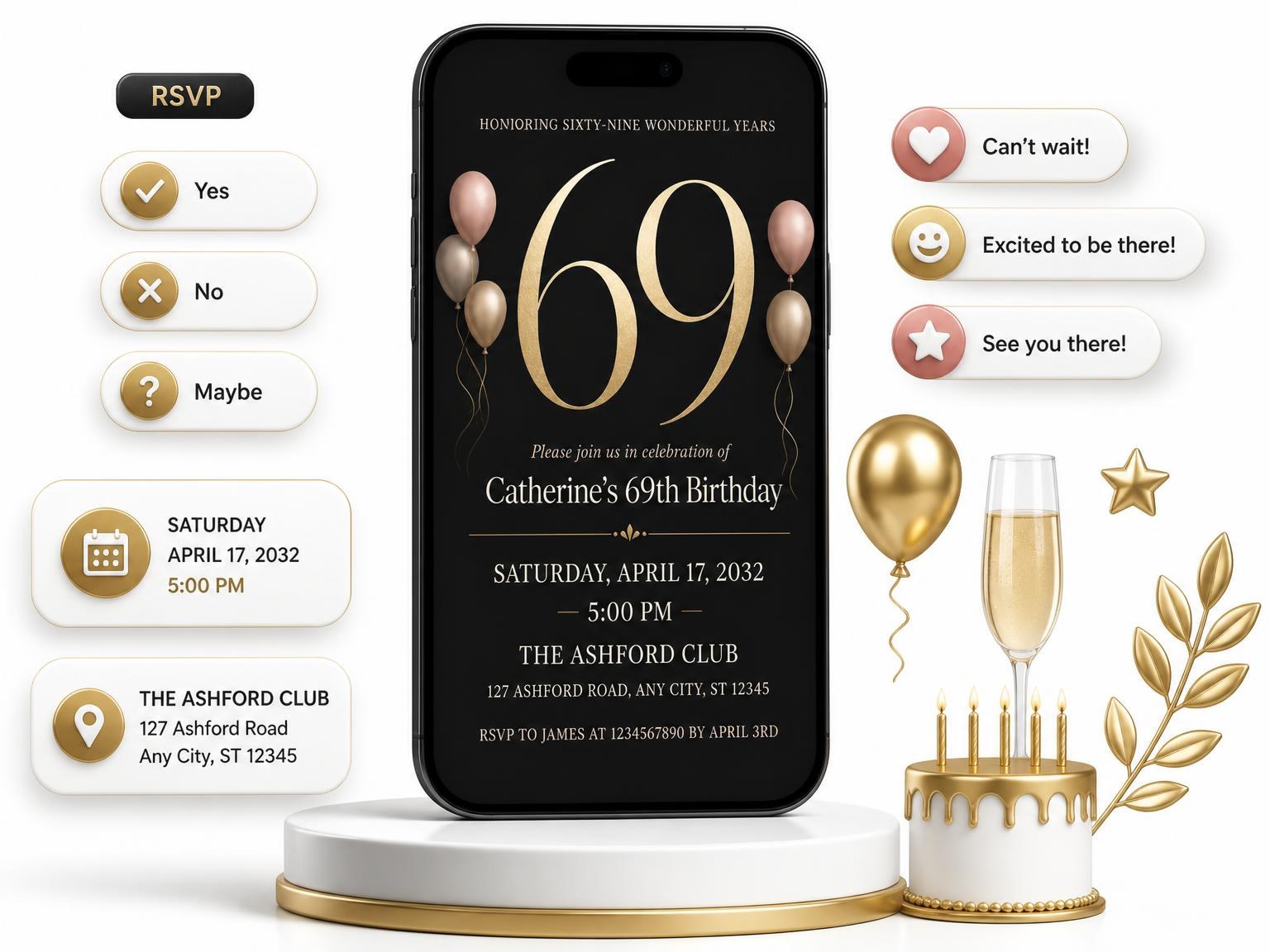 The Charcoal and Blush 69th Birthday Invitation invitation on a phone, with guest RSVPs arriving around it