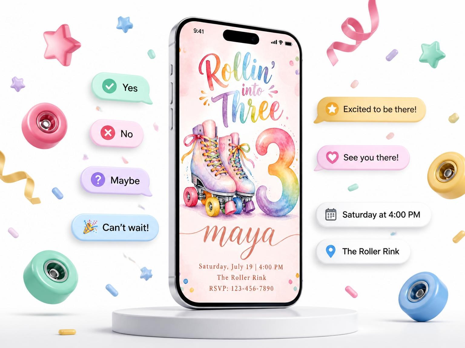 The Pastel Roller Skate 3rd Birthday invitation on a phone, with guest RSVPs arriving around it