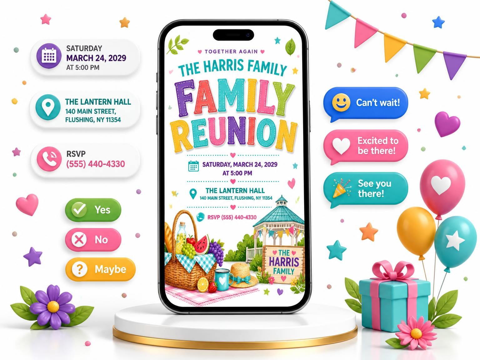 The Picnic Basket Family Reunion Invitation invitation on a phone, with guest RSVPs arriving around it