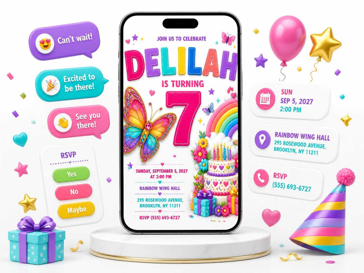 The Stitched Rainbow Butterfly 7th Birthday Invitation invitation on a phone, with guest RSVPs arriving around it