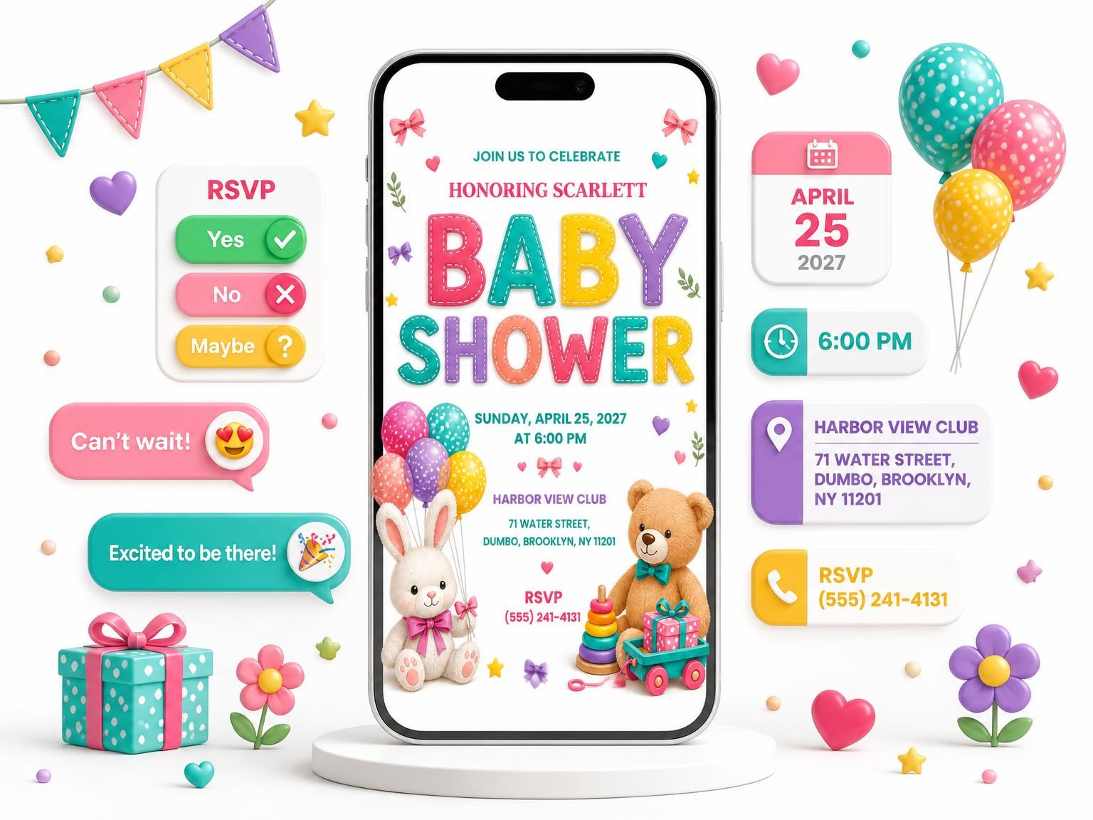 The Stuffed Animals Baby Shower Invitation invitation on a phone, with guest RSVPs arriving around it