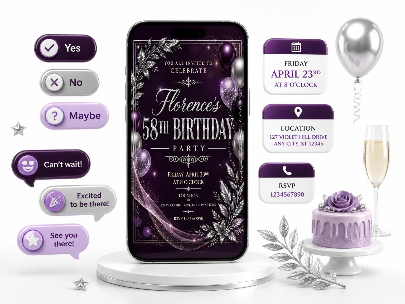 The Plum and Silver 58th Birthday Invitation invitation on a phone, with guest RSVPs arriving around it