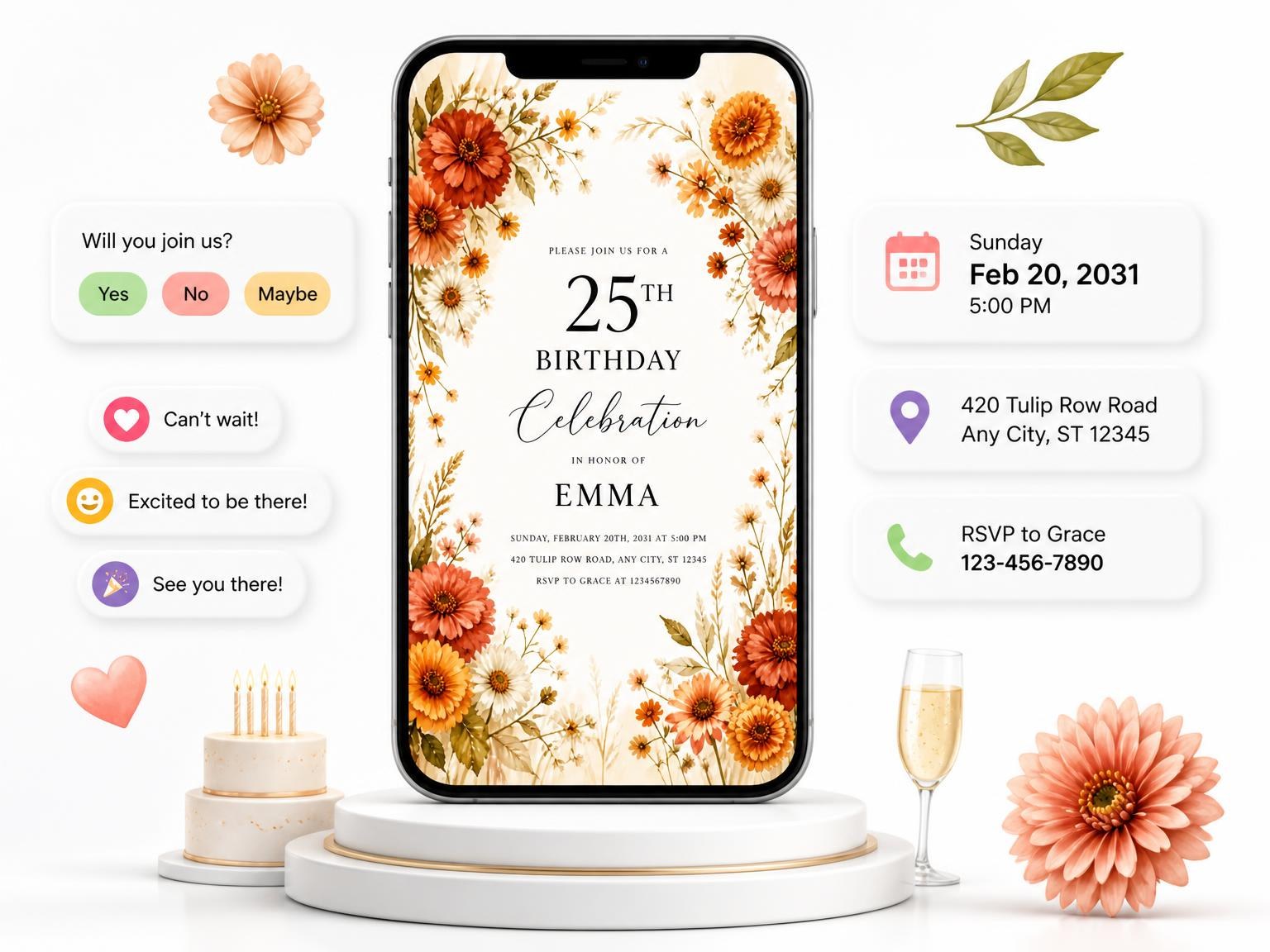 The Terracotta Zinnias 25th Birthday Invitation invitation on a phone, with guest RSVPs arriving around it