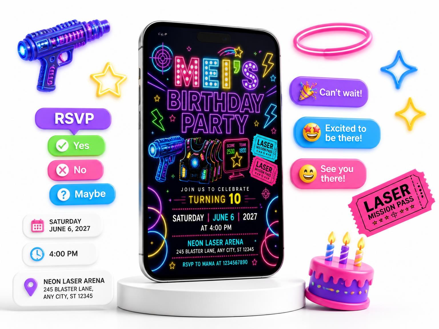 The Neon Laser Tag 10th Birthday Invitation invitation on a phone, with guest RSVPs arriving around it