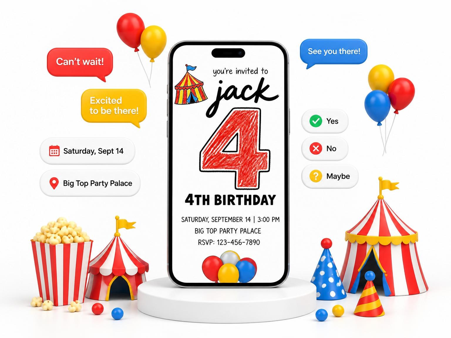The Crayon Circus Tent 4th Birthday invitation on a phone, with guest RSVPs arriving around it