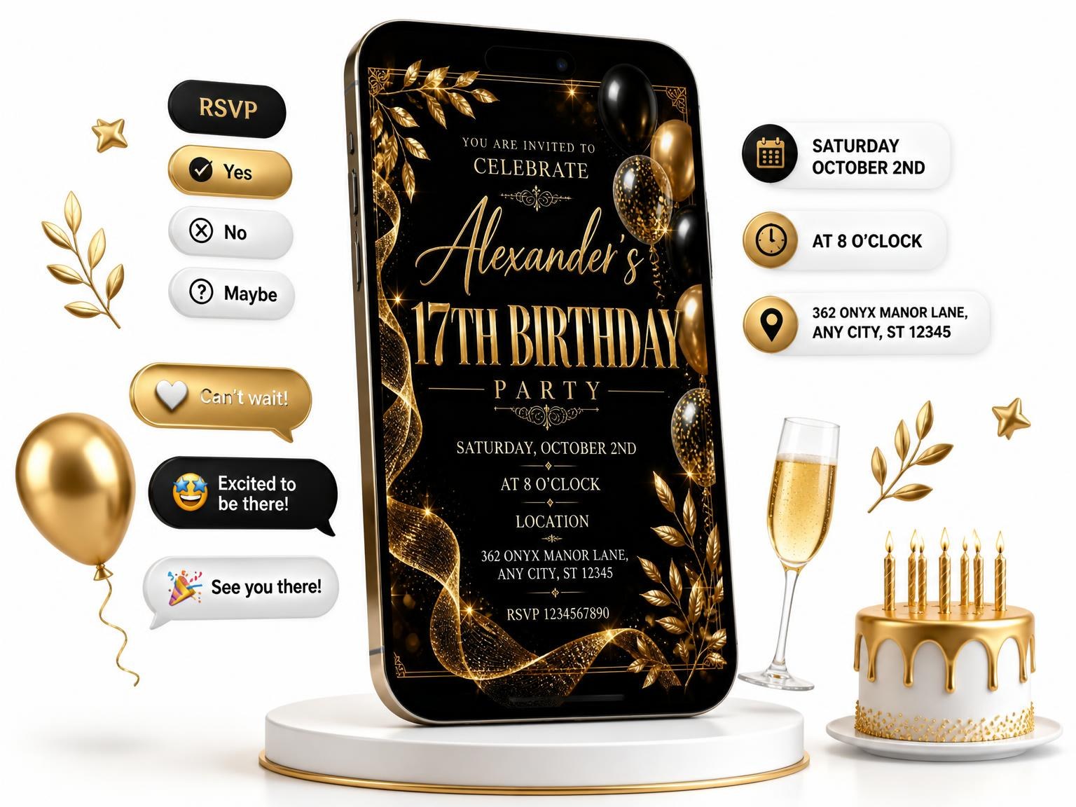 The Black and Gold 17th Birthday Invitation invitation on a phone, with guest RSVPs arriving around it