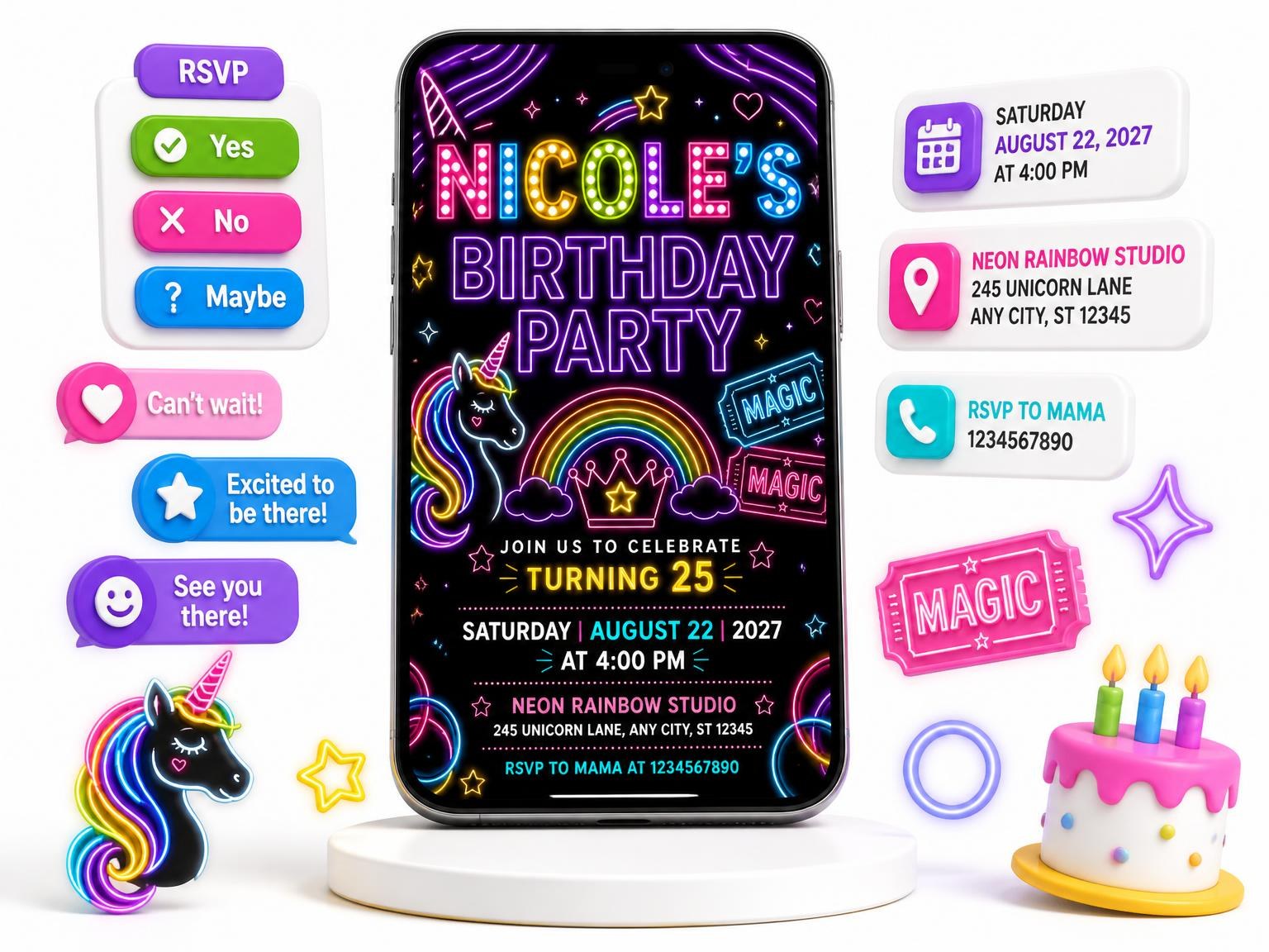 The Neon Unicorn 25th Birthday Invitation invitation on a phone, with guest RSVPs arriving around it