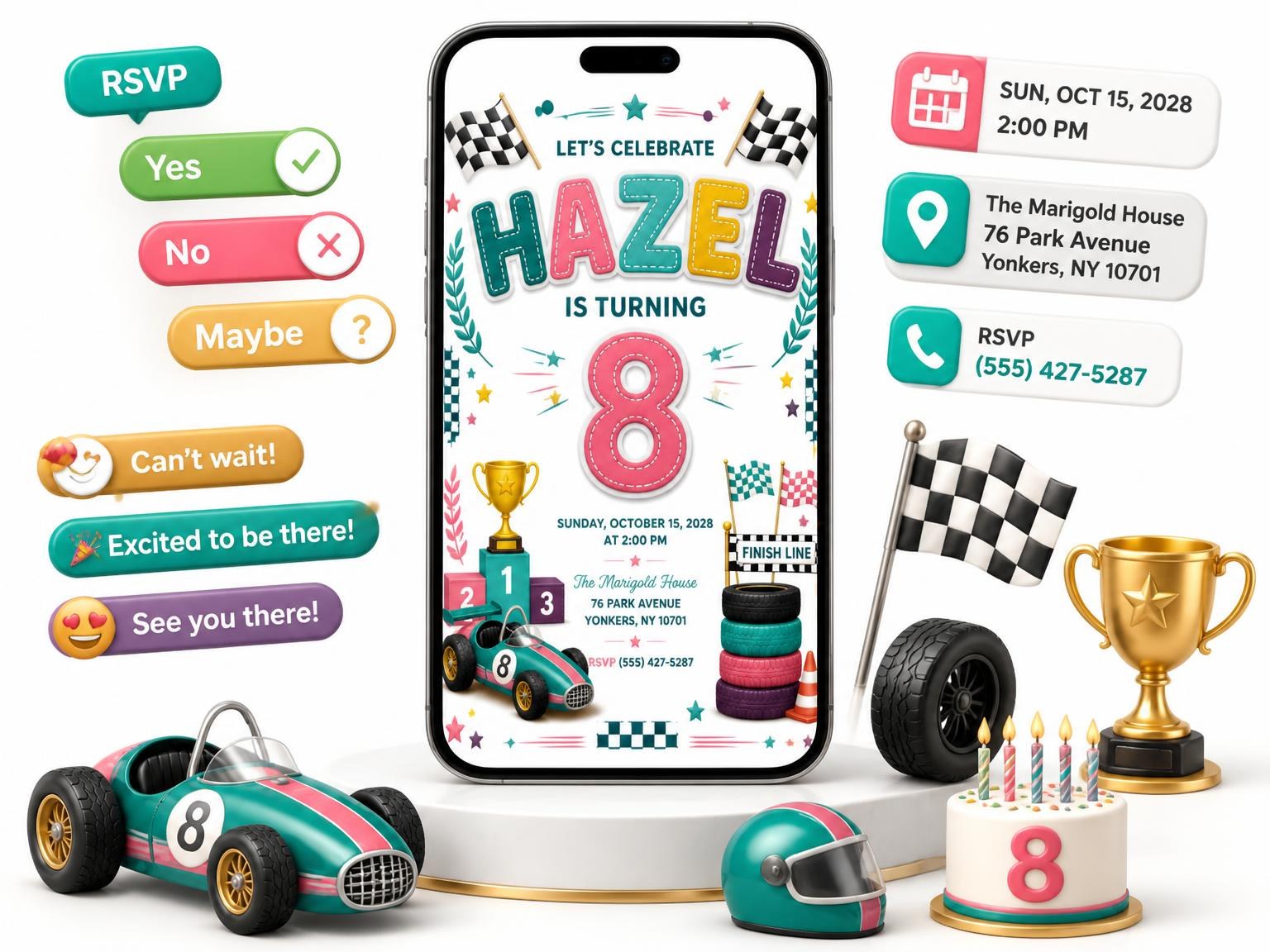 The Stitched Race Car 8th Birthday Invitation invitation on a phone, with guest RSVPs arriving around it