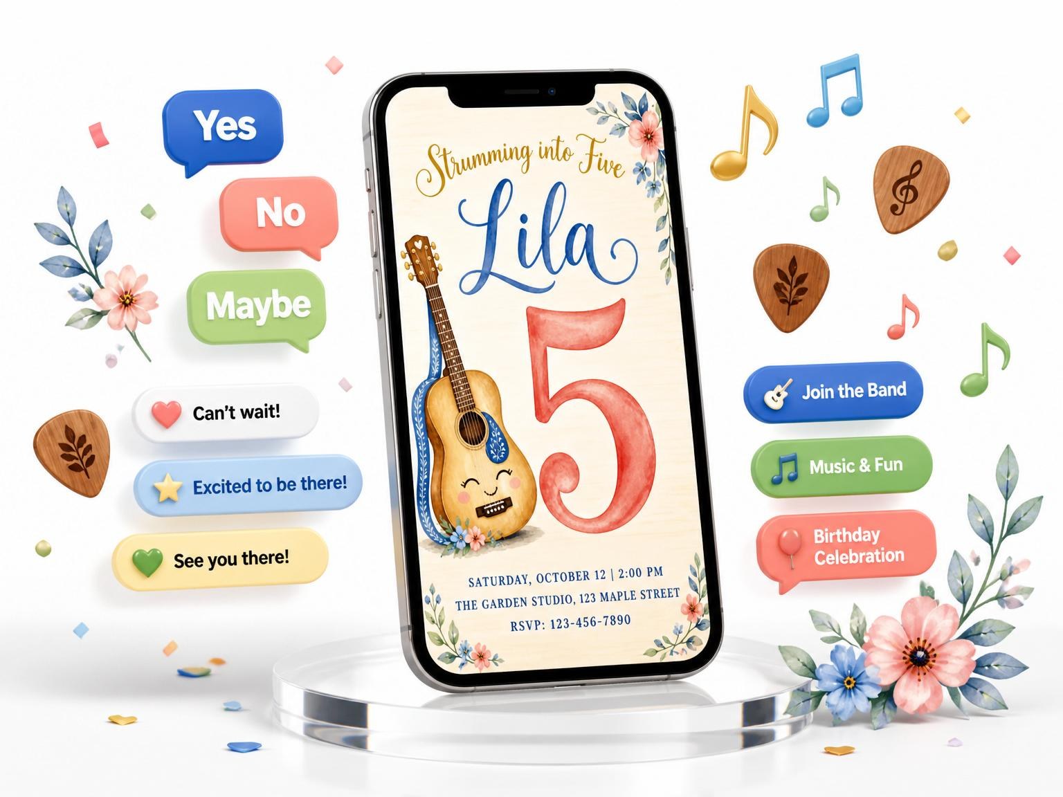 The Watercolor Acoustic Guitar 5th Birthday invitation on a phone, with guest RSVPs arriving around it