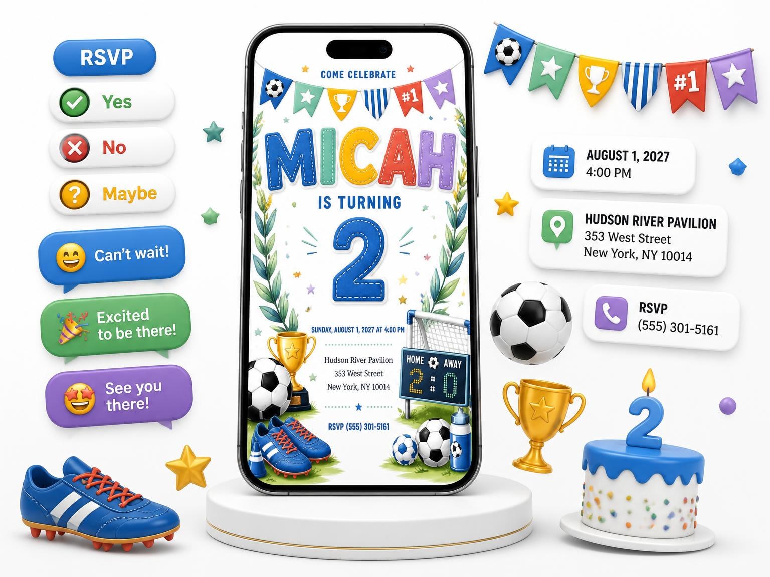 The Stitched Soccer 2nd Birthday Invitation invitation on a phone, with guest RSVPs arriving around it