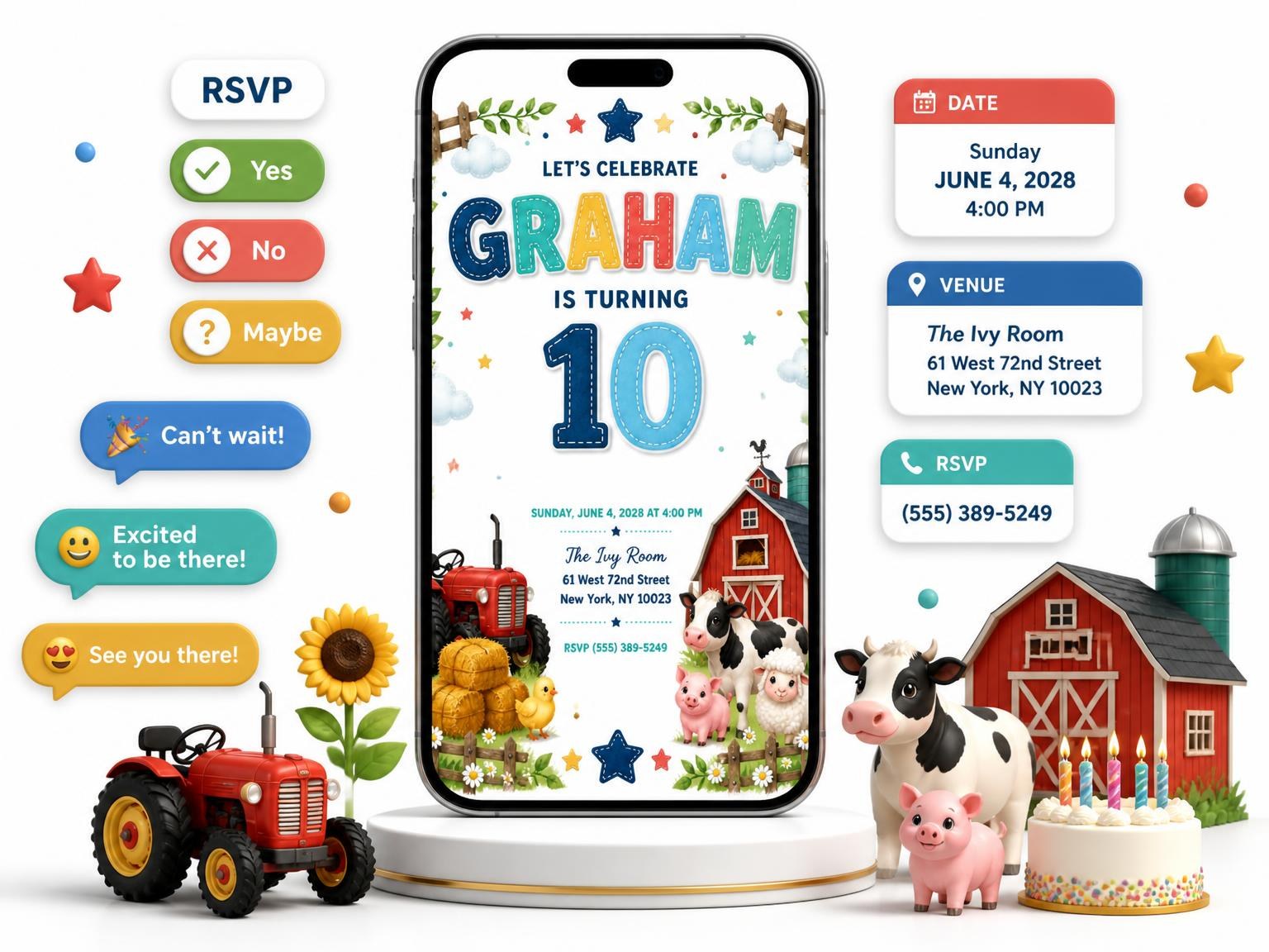 The Stitched Farm 10th Birthday Invitation invitation on a phone, with guest RSVPs arriving around it