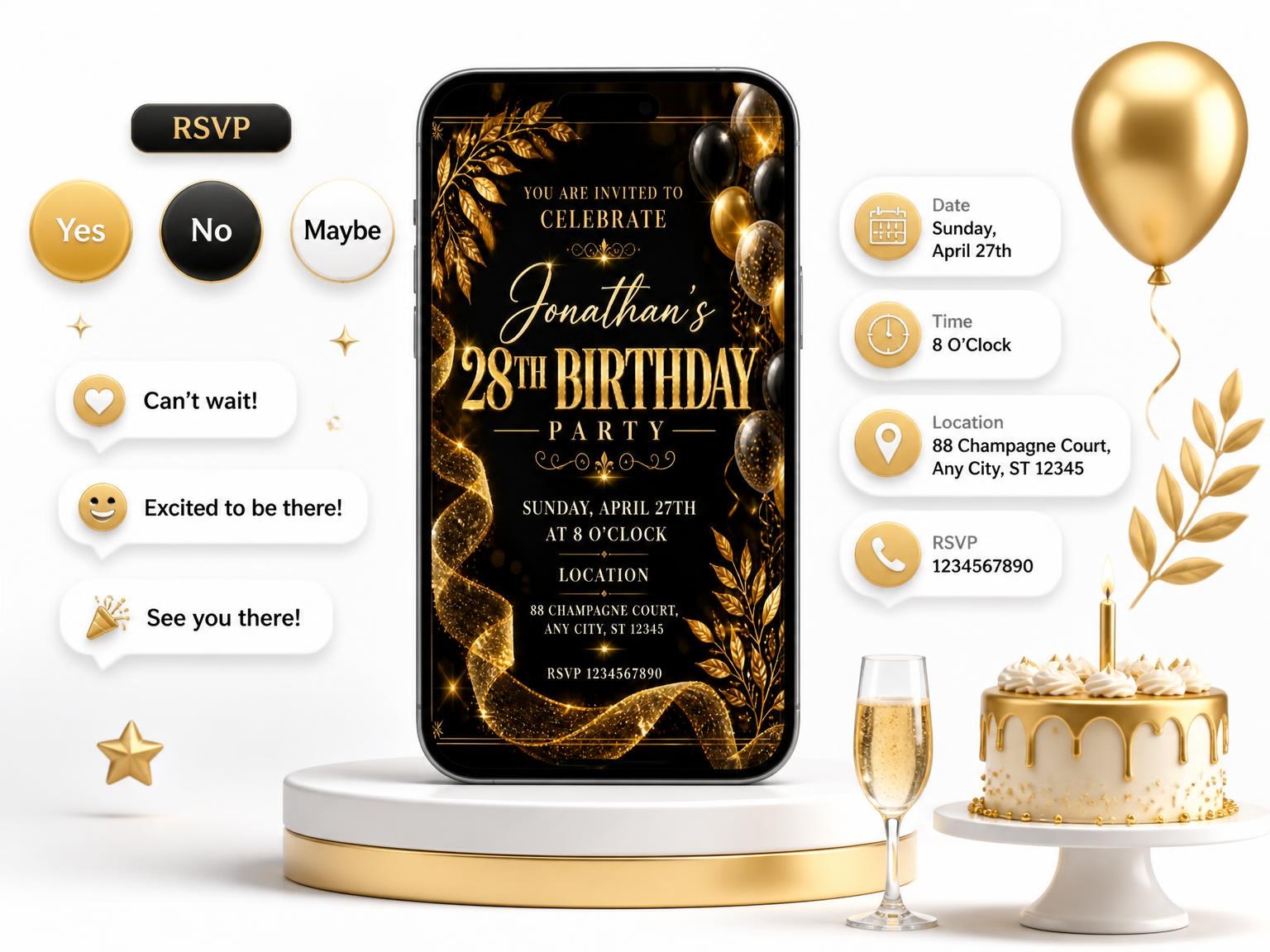 The Black and Gold 28th Birthday Invitation invitation on a phone, with guest RSVPs arriving around it