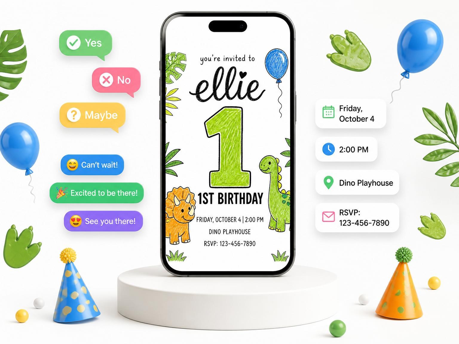 The Crayon Dinosaur Tropical 1st Birthday invitation on a phone, with guest RSVPs arriving around it