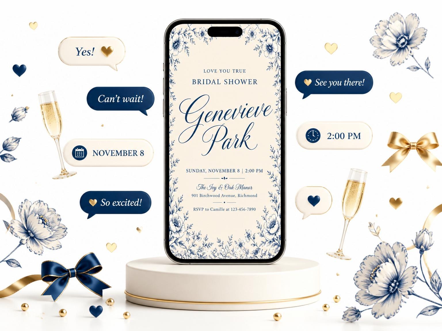 The Navy Botanical Line-Art Bridal Shower invitation on a phone, with guest RSVPs arriving around it