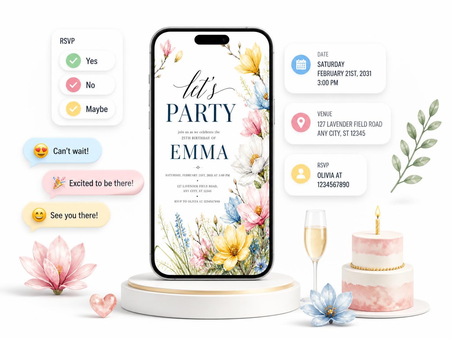 The Spring Floral 25th Birthday Invitation invitation on a phone, with guest RSVPs arriving around it